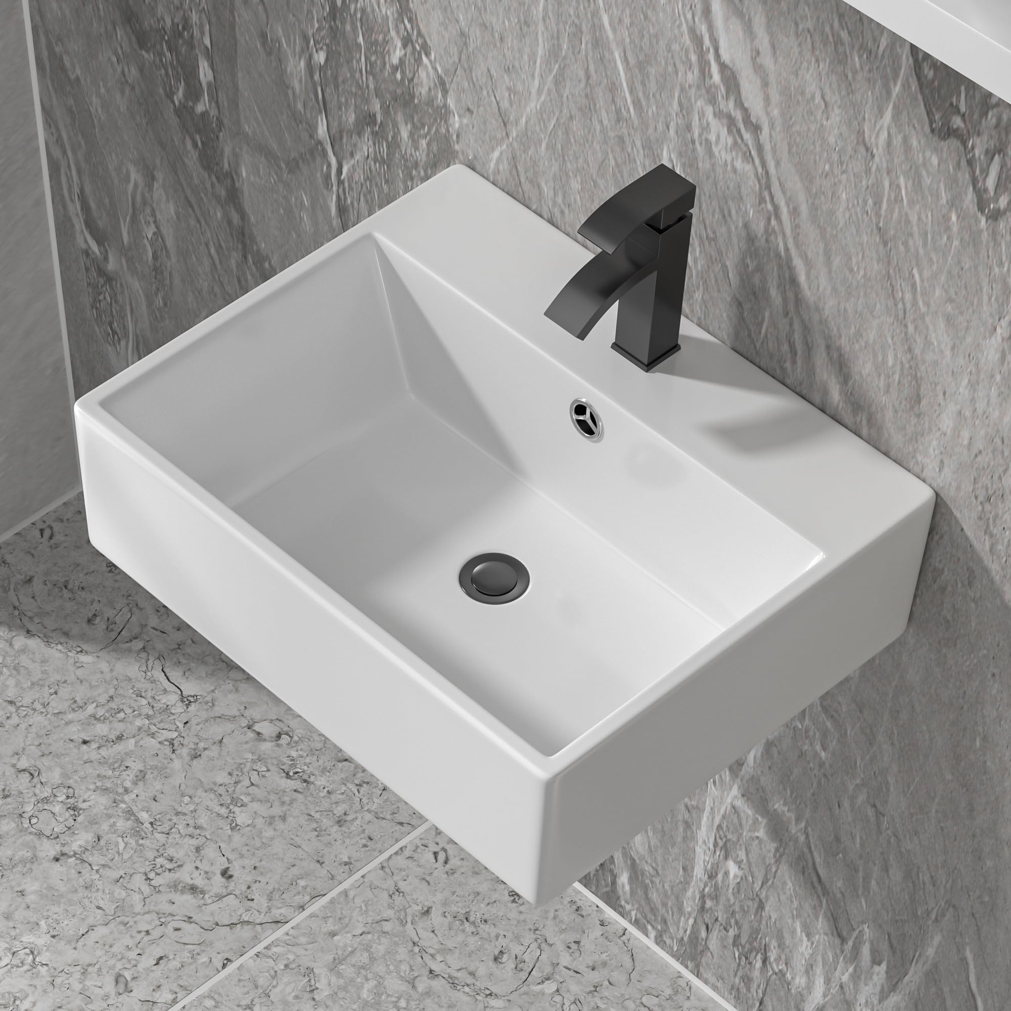 Floating Vessel Sink For Bathroom - Fulorni 20"x17" Bathroom Vessel Sink Rectangular Wall Mounted White Ceramic Porcelain Vanity Sink Bowl Basin