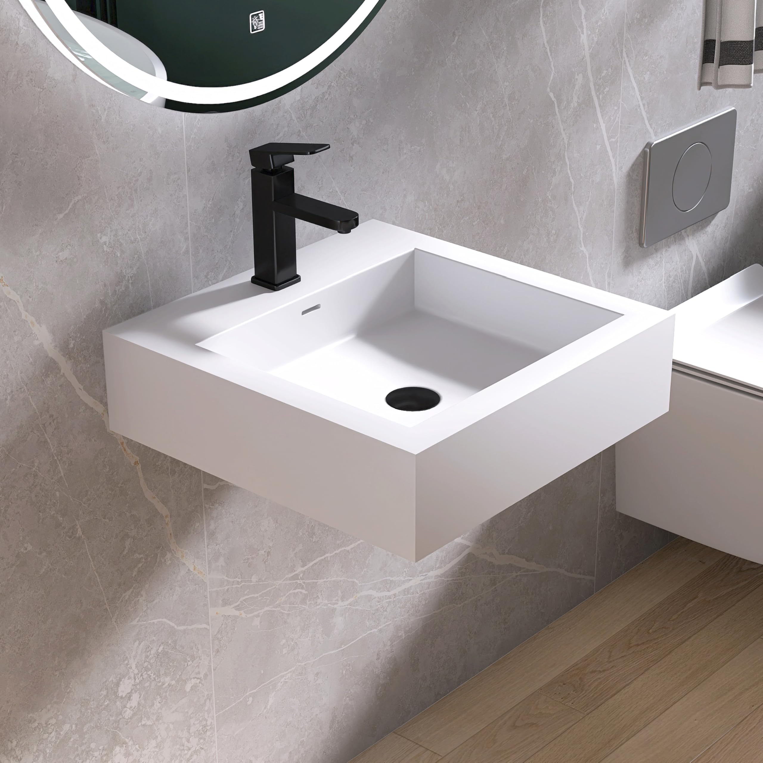 35'' Wall Mount Sink Matte Bathroom Vanity Vessel Sinks Artificial Stone Rectanglee Indoor Outdoors Modern Floating or Countertop Freestanding Wall Hang Sink Bowl (single Holes 35'')