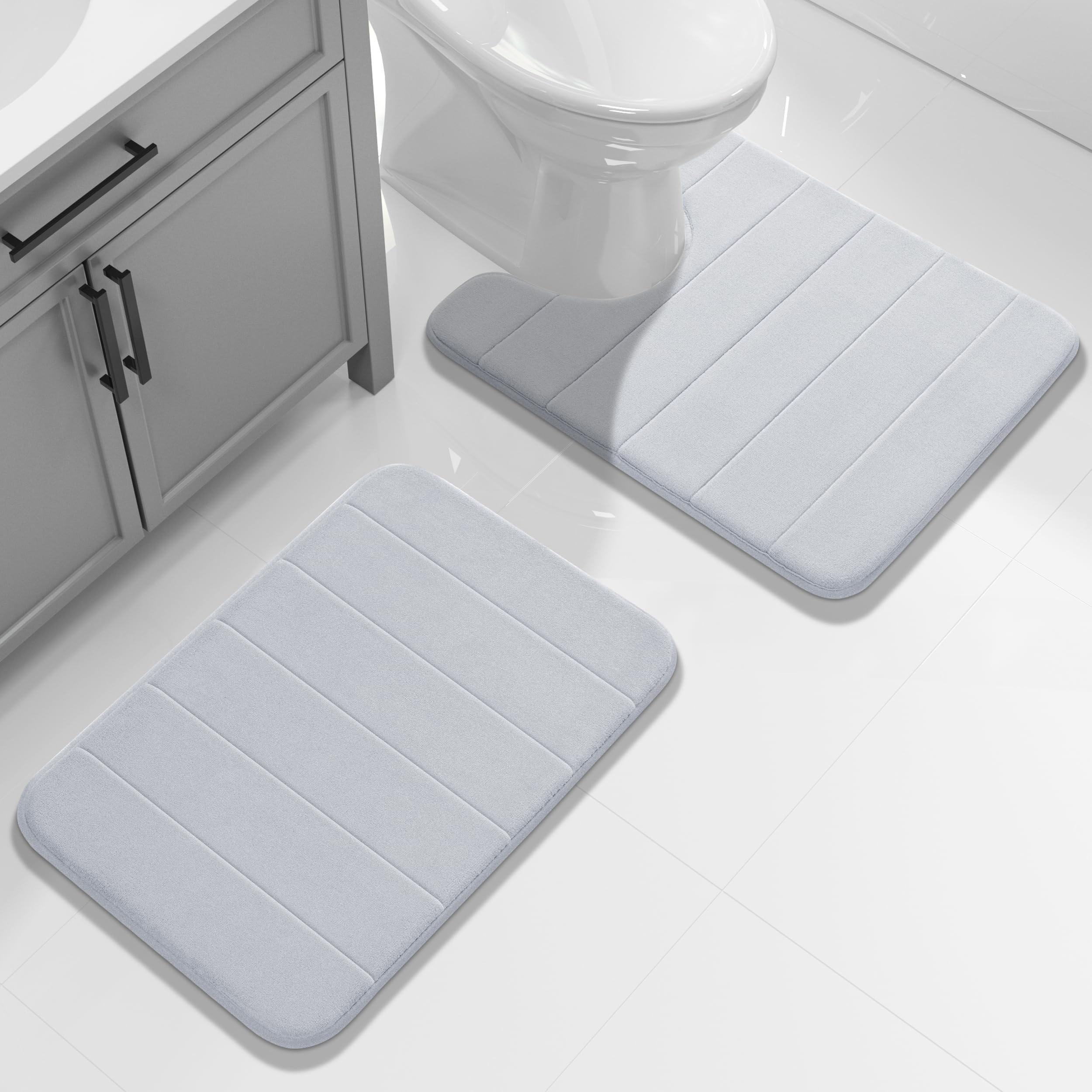 Yimobra U-Shaped Toilet Bath Mat Set 2 Piece - Super Soft Absorbent Quick Dry Memory Foam Bathroom Rugs, Machine Washable Non Slip Floor Carpet for Tub Shower & Single Sink (17x24 & 24x20, Gray)