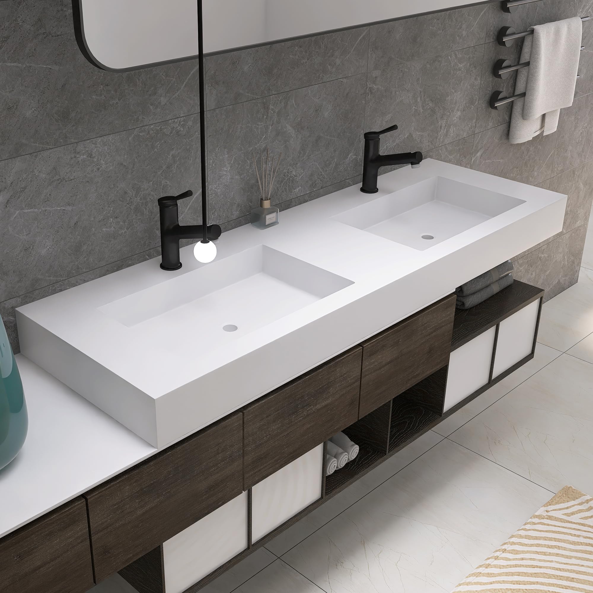 35'' Wall Mount Sink Matte Bathroom Vanity Vessel Sinks Artificial Stone Rectanglee Indoor Outdoors Modern Floating or Countertop Freestanding Wall Hang Sink Bowl (single Holes 35'')