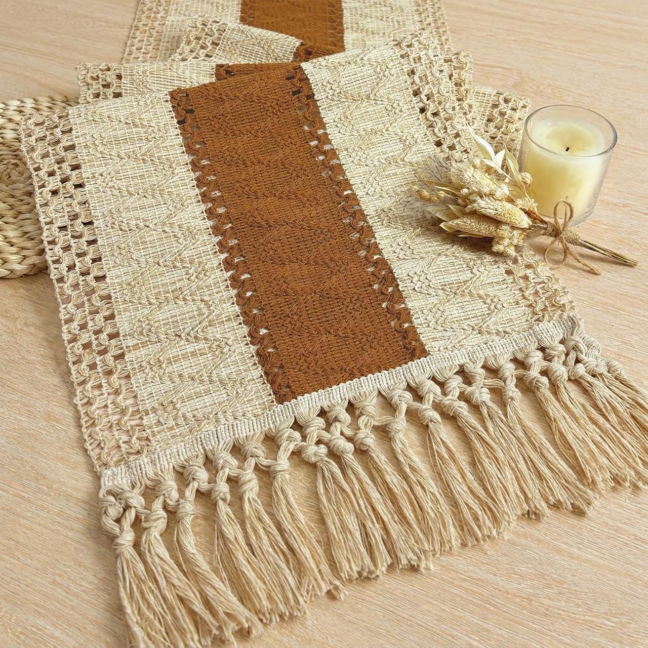 FEXIA Boho Table Runner with Tassels for Summer Home Decor Farmhouse Rustic Burlap Table Decoration for Living Room Dining Room Graduation Decor (12x72 Inches)