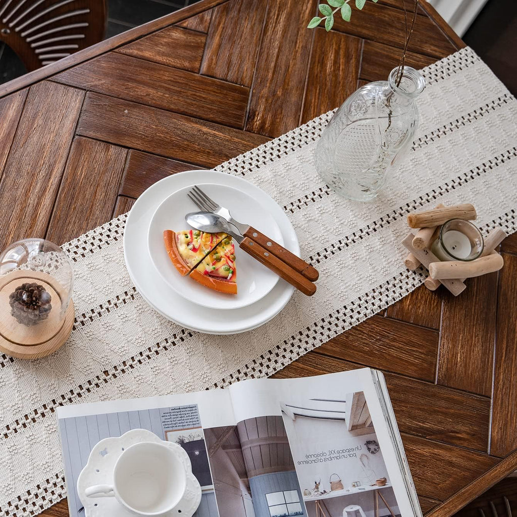 Macrame Table Runner Cream Beige Boho Table Runners with Tassels Hand Woven Cotton Table Runner Rustic Farmhouse Table Runners for Bohemian Kitchen Dining Table(12x71in)