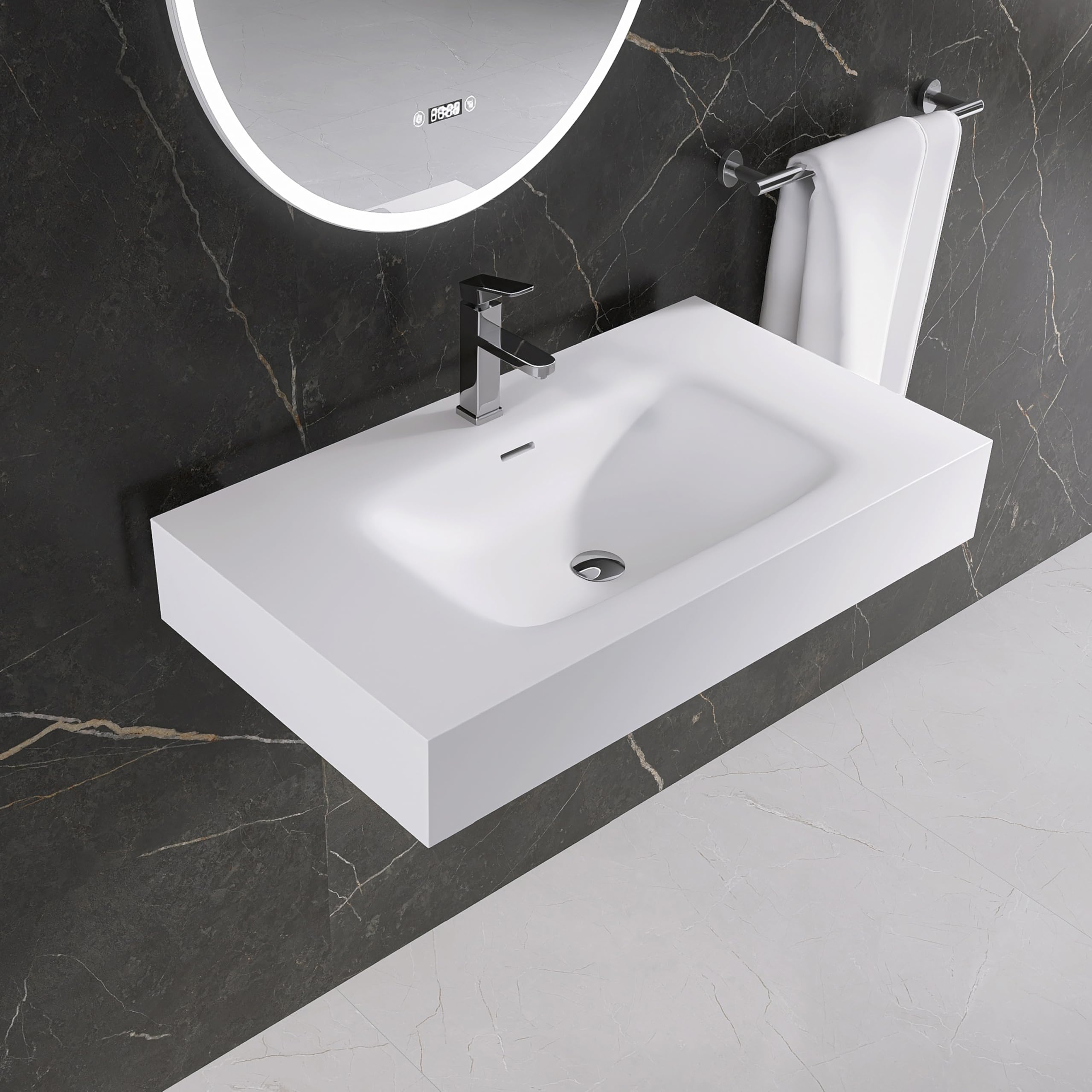 35'' Wall Mount Sink Matte Bathroom Vanity Vessel Sinks Artificial Stone Rectanglee Indoor Outdoors Modern Floating or Countertop Freestanding Wall Hang Sink Bowl (single Holes 35'')