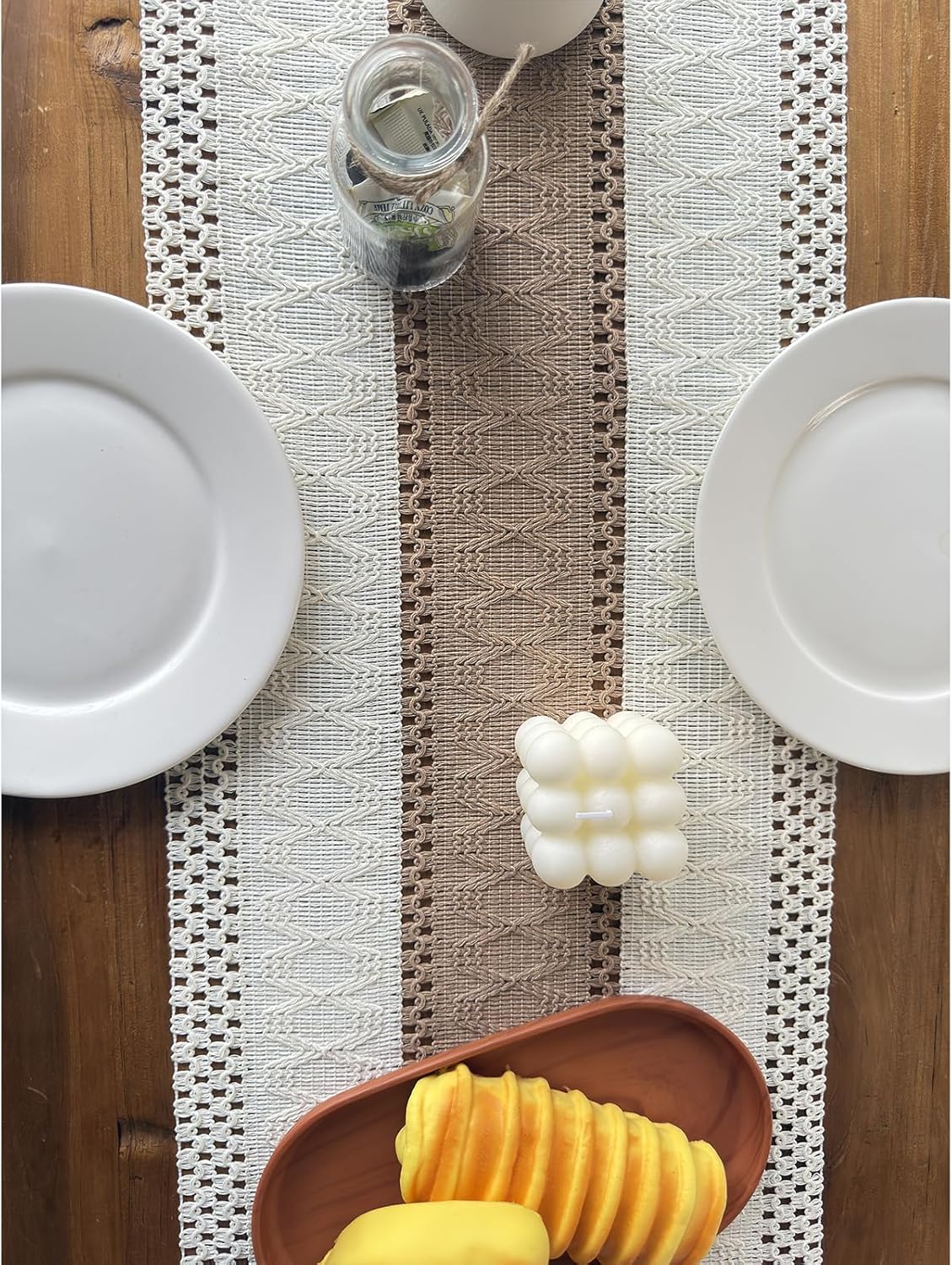 Boho Table Runner for Home Decor with Tassels 120 Inches Long Farmhouse Rustic Cream & Brown Table Runner Macrame Burlap Table Decoration for Living Room Bridal Shower(12x120 in, Fringe Included)