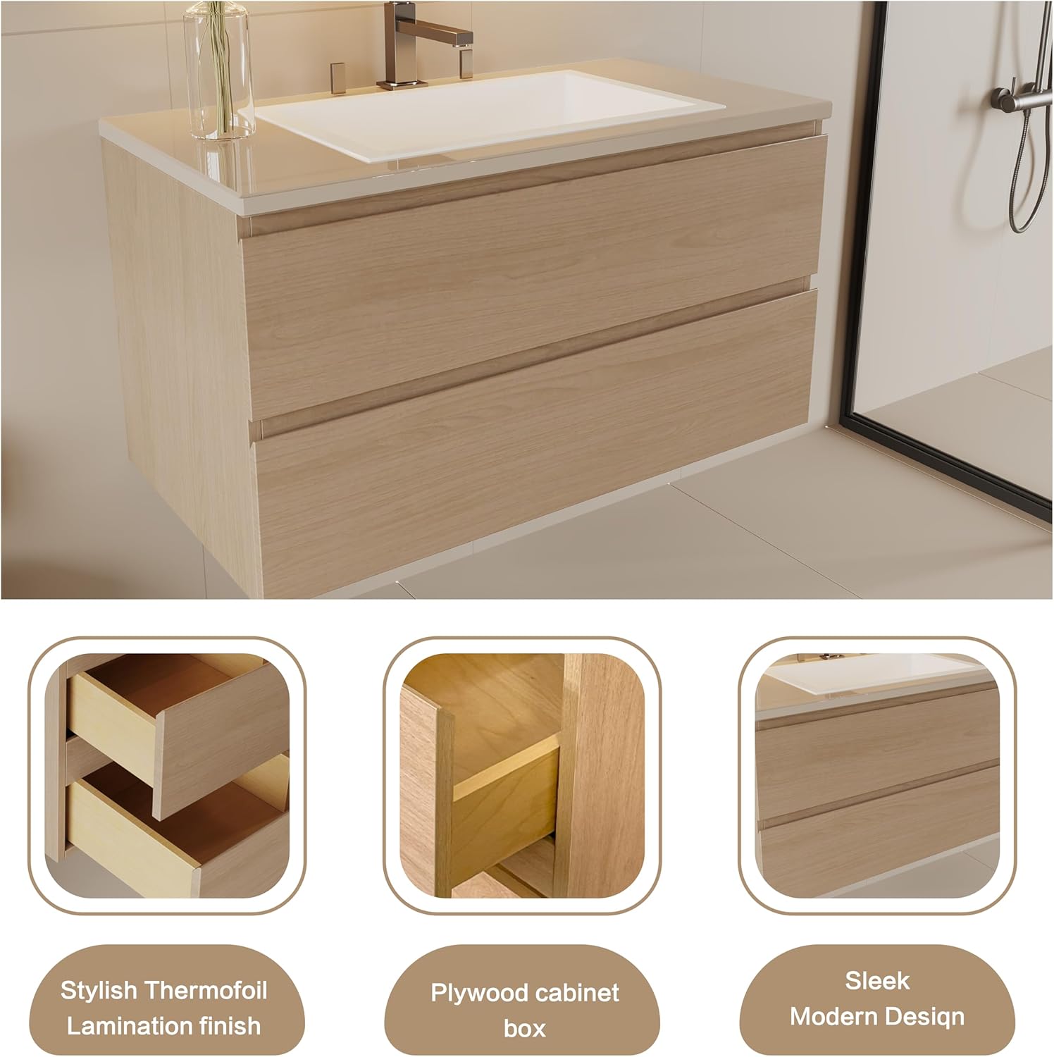 Wall-Mounted Bathroom Vanity 24" – Modern Floating Vanity with Soft-Close Drawers, Plywood Construction, Laminate Finish, Space-Saving Design (Cosmo Sand)