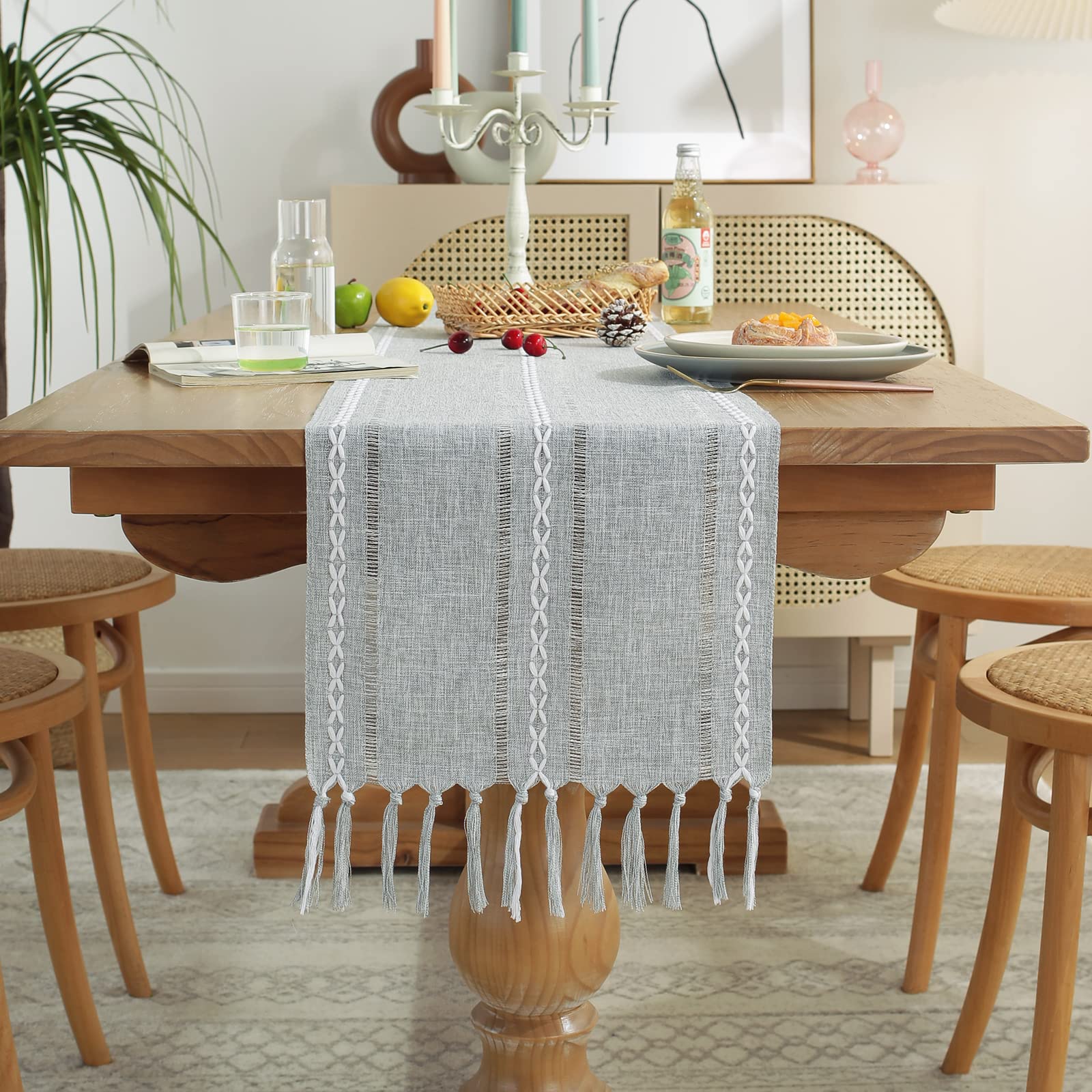 Wracra Rustic Linen Table Runner Farmhouse Style Table Runners 72 inches Long Embroidered Fall Table Runner with Hand-Tassels for Party, Dresser and Dining Room Decorations(Light Coffee, 13"×72")