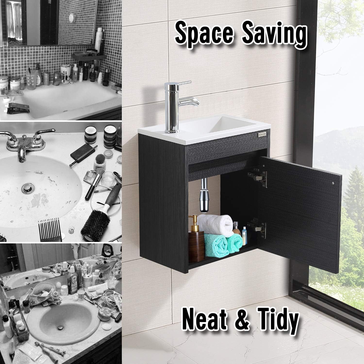 16 Inch Floating Vanity Bathroom Wall Mounted Vanity with Sink Basin & Chrome Faucet Set for Small Spaces (Black)