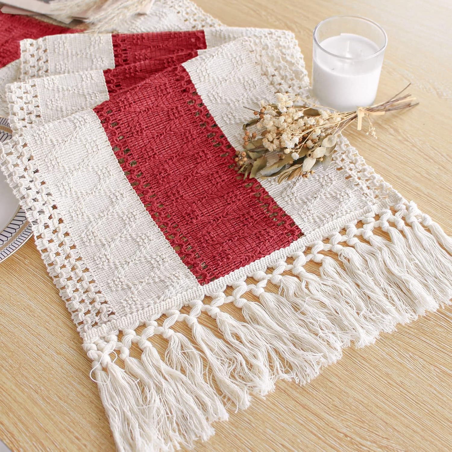FEXIA Boho Table Runner with Tassels for Summer Home Decor Farmhouse Rustic Burlap Table Decoration for Living Room Dining Room Graduation Decor (12x72 Inches)