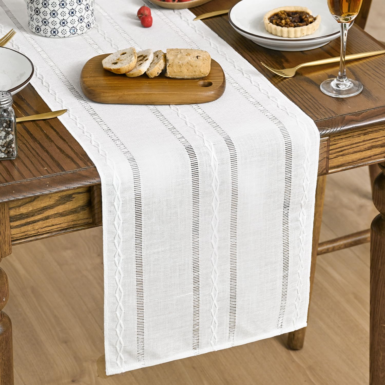 Artoid Mode Beige Rustic Cotton Linen Table Runner, Seasonal Embroidered Hollow Kitchen Dining Table Decoration for Home Party Decor 13x60 Inch
