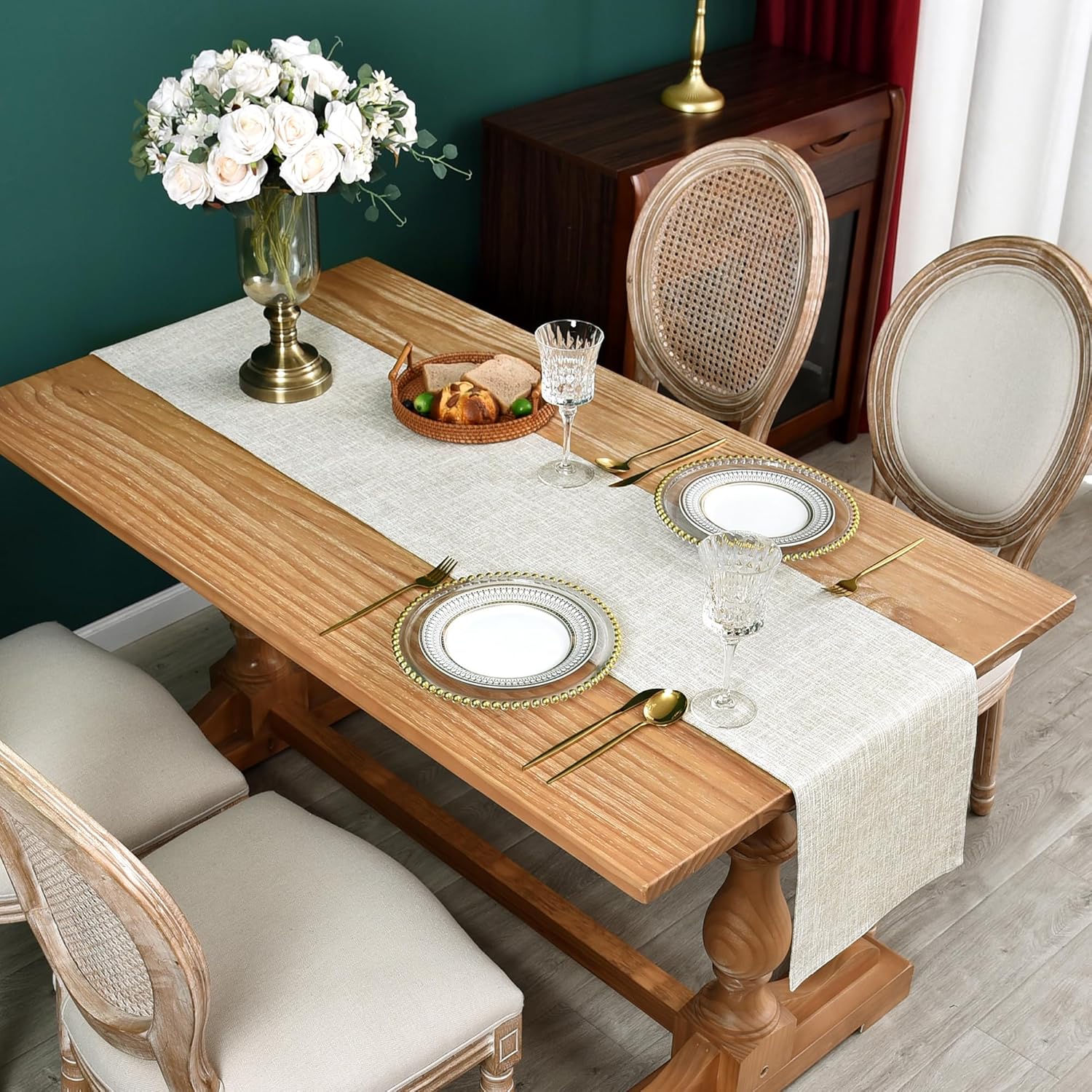 Farmhouse Rustic Faux Linen Table Runner Neutral Beige Table Runners Double Layer Reversible Rectangle Runners for Daily Use Kitchen Dining Banquet Holiday 13x48 Inch