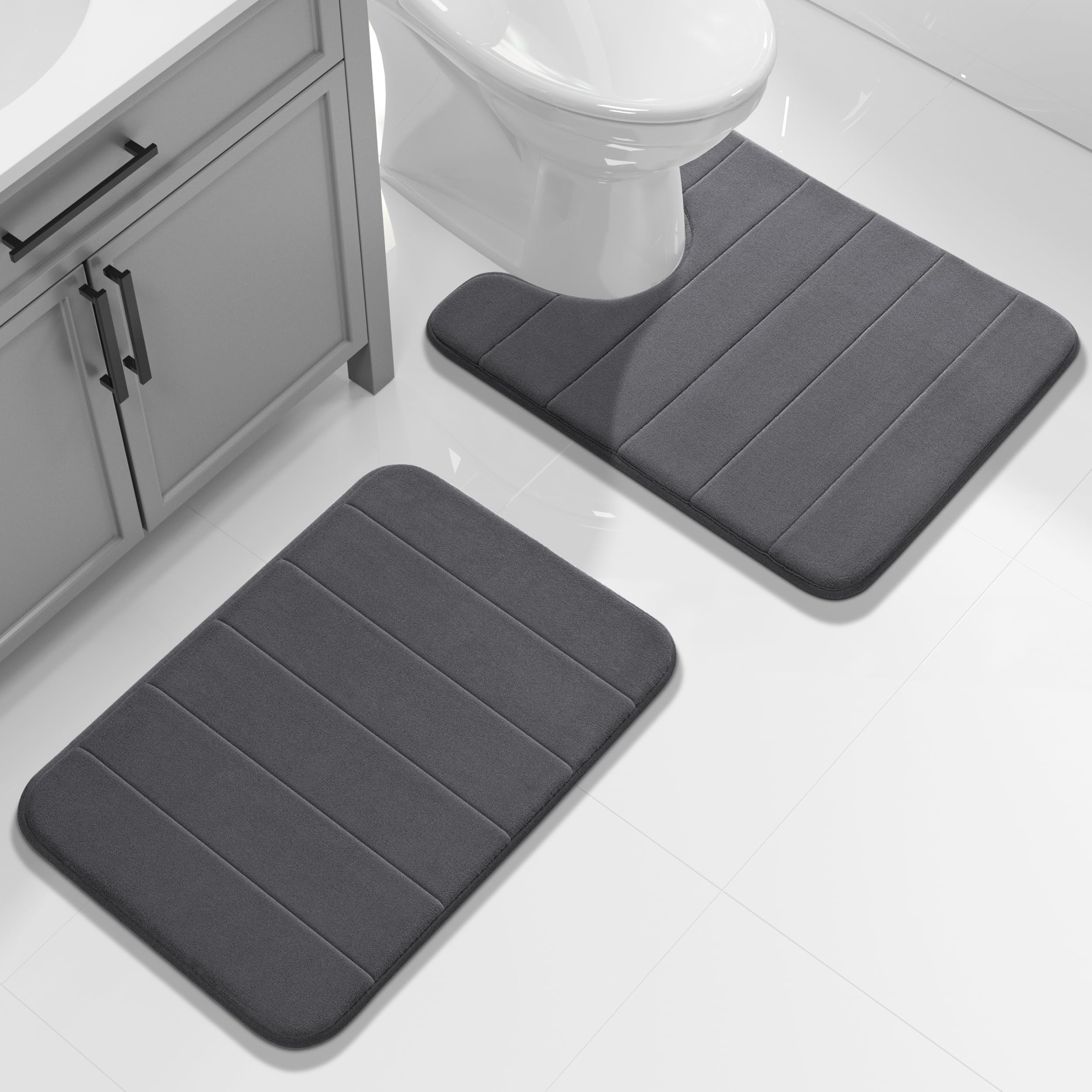 Yimobra U-Shaped Toilet Bath Mat Set 2 Piece - Super Soft Absorbent Quick Dry Memory Foam Bathroom Rugs, Machine Washable Non Slip Floor Carpet for Tub Shower & Single Sink (17x24 & 24x20, Gray)