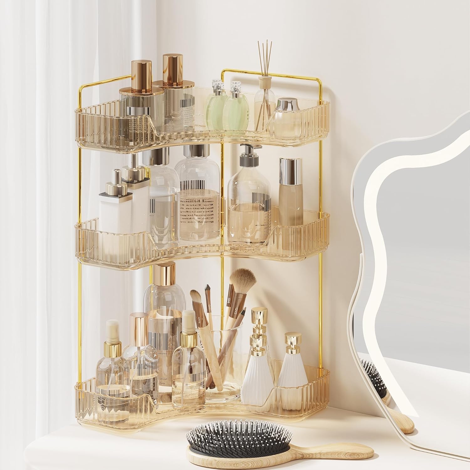 3-Tier Corner Bathroom Counter Organizer, Plastic Bathroom Organizer Countertop, Makeup Organizer for Vanity Perfume Tray Holder for Corner Storage, Amber