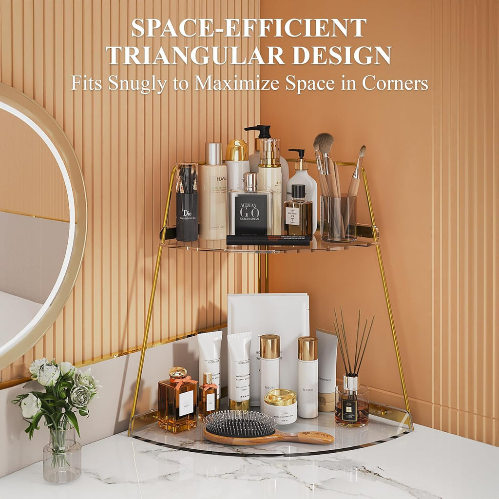 NiHome 2-Tier Acrylic Countertop Corner Organizer for Bathroom Kitchen Bedroom, Corner Skincare Organizers Makeup Organizer for Vanity Storage - Sturdy Metal Frame & Anti-Slip Pads, Home & Office Use