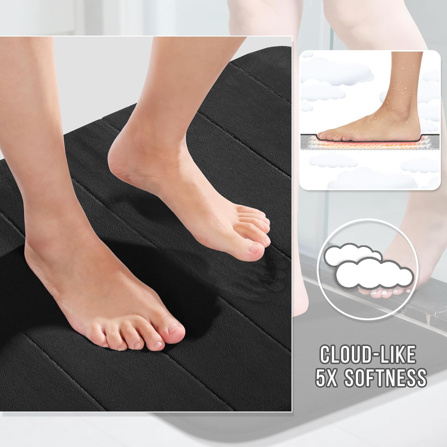 Yimobra Memory Foam Toilet Bath Mat U-Shaped, Soft and Comfortable, Super Water Absorption, Non-Slip, Thick, Machine Wash and Easier to Dry for Bathroom Commode Contour Rug, 24 X 20 Inches, Black
