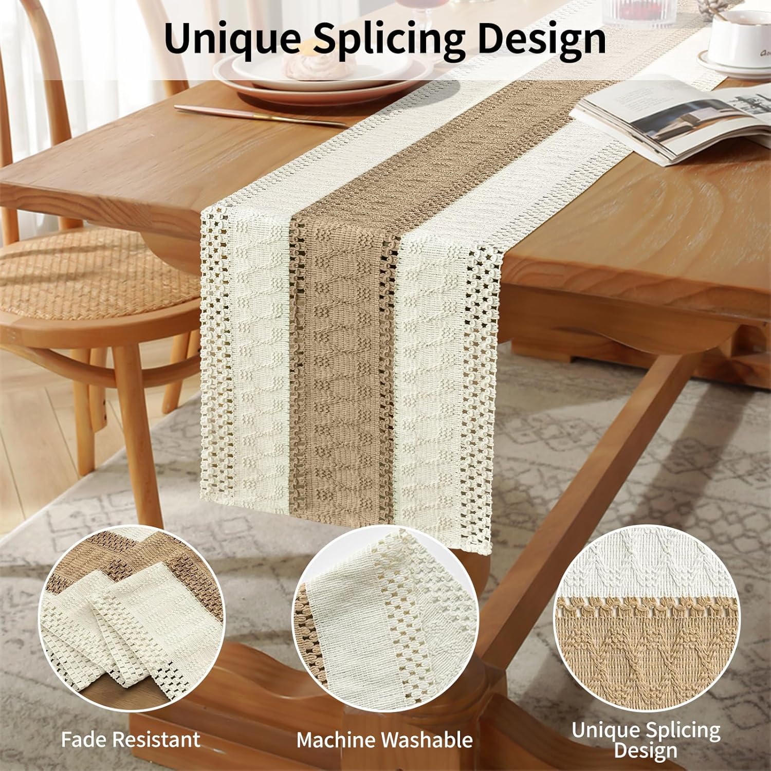 Bloss Boho Table Runner 72 Inches Long Farmhouse Rustic Tables Runner, Cream & Brown Cotton Table Runner, Woven Easter Summer Tables Runners for Kitchen Dining Table Decor,Coffee Table & Living Room