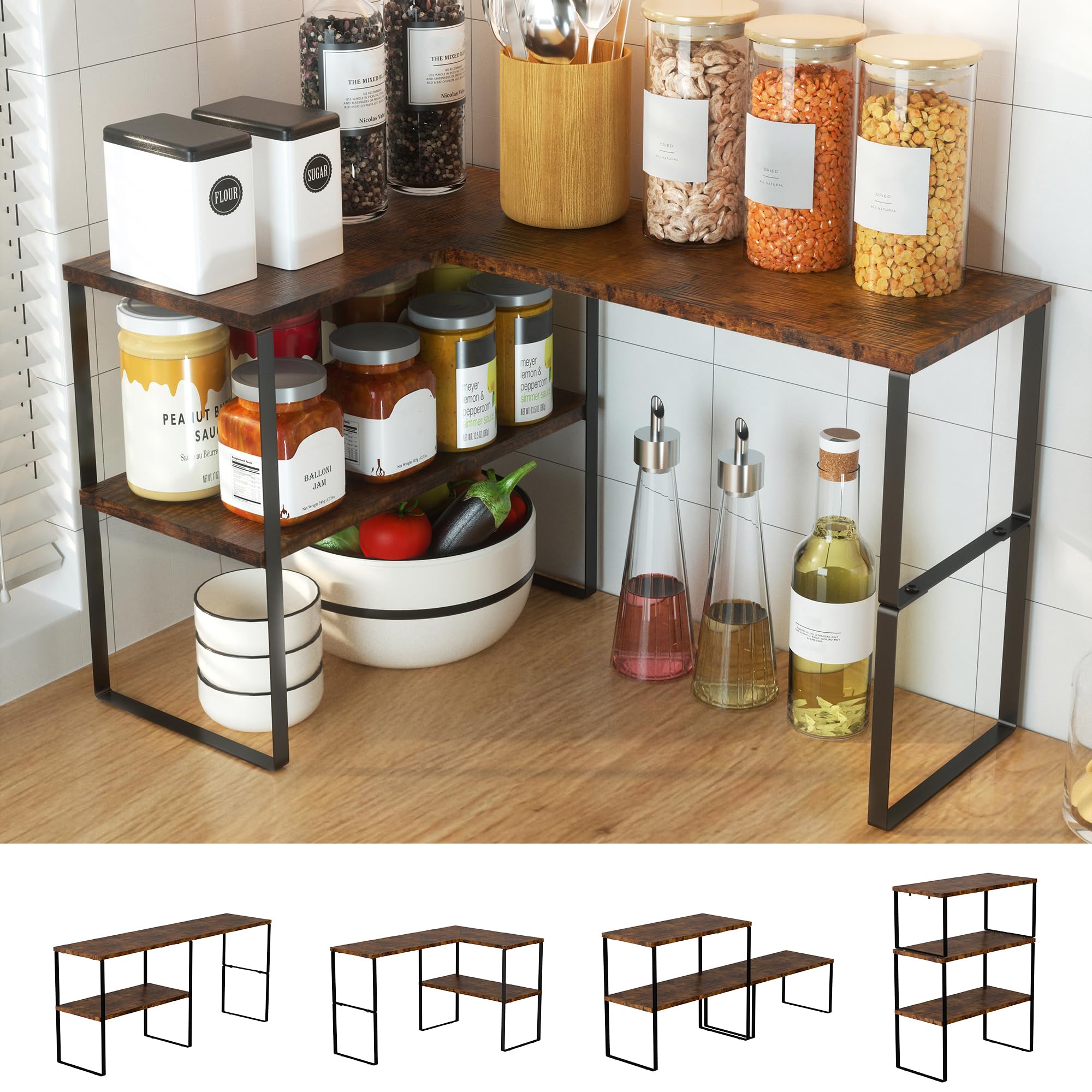 Golener Countertop Organizer Corner Shelf, 2-Tier Adjustable Stackable Corner Shelves for Kitchen, Spice Rack, Coffee Area, Over Sink, Bathroom, Dresser Table, Corner Counter Shelf Stand, Rustic Brown