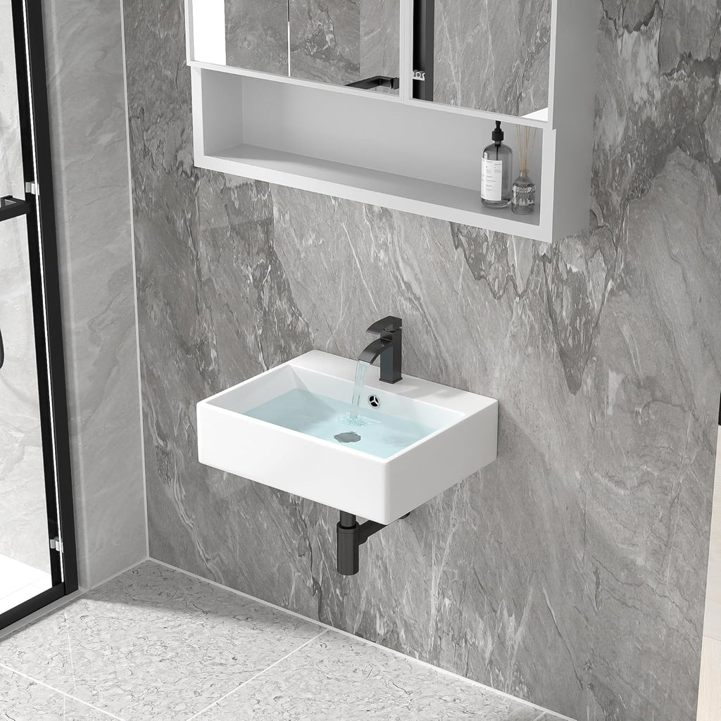 Floating Vessel Sink For Bathroom - Fulorni 20"x17" Bathroom Vessel Sink Rectangular Wall Mounted White Ceramic Porcelain Vanity Sink Bowl Basin