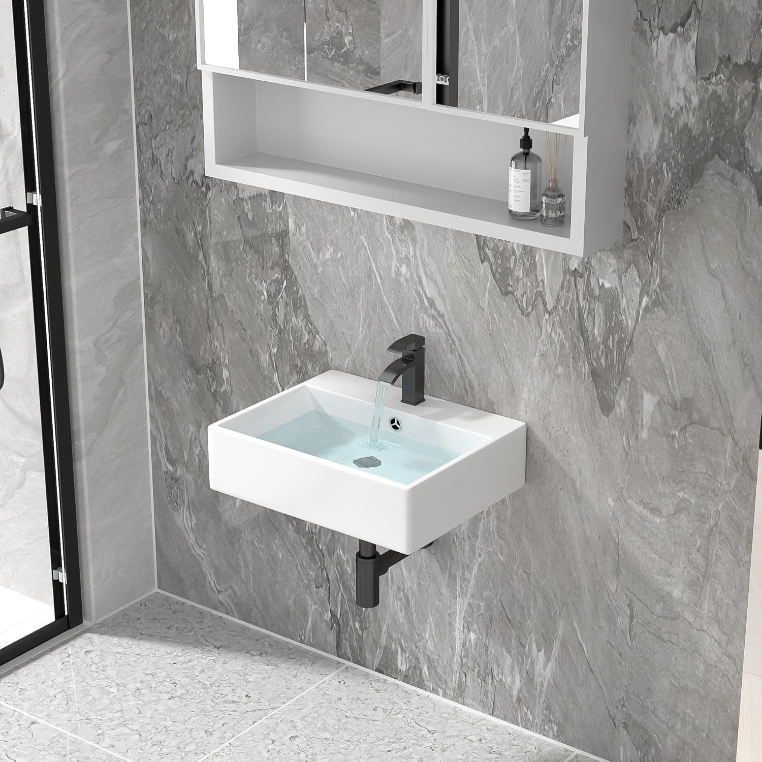 Floating Vessel Sink For Bathroom - Fulorni 20"x17" Bathroom Vessel Sink Rectangular Wall Mounted White Ceramic Porcelain Vanity Sink Bowl Basin