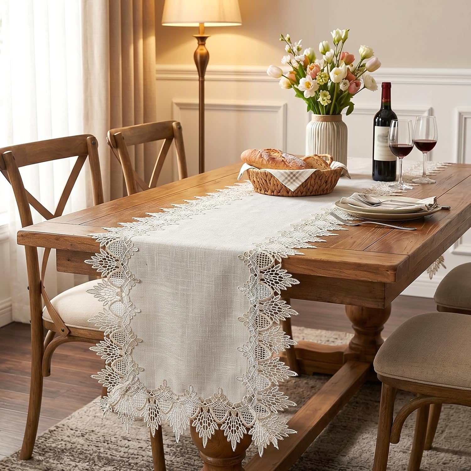 Natural Linen Table Runner, 36 inches Neutral Earth Tones Beige Lace Coffee Doily Tables Runner Dresser Scarf, Table Runners for Easter Summer Bedroom, Kitchen, Dining, Wedding Party Place Mats