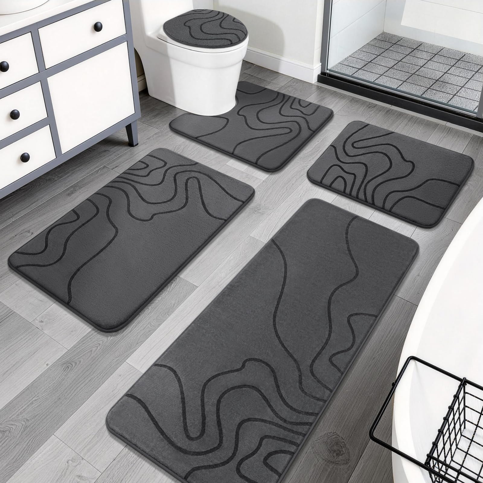 YIHOUSE Memory Foam Bathroom Rugs Sets 2 Piece - Extra Thick Ultra Soft Absorbent Bath Mat Set, Non-Slip Machine Washable Bath Rugs for Bathroom, Tub & Shower, Home Decor (32"x20"+24"x17", Dark Grey)