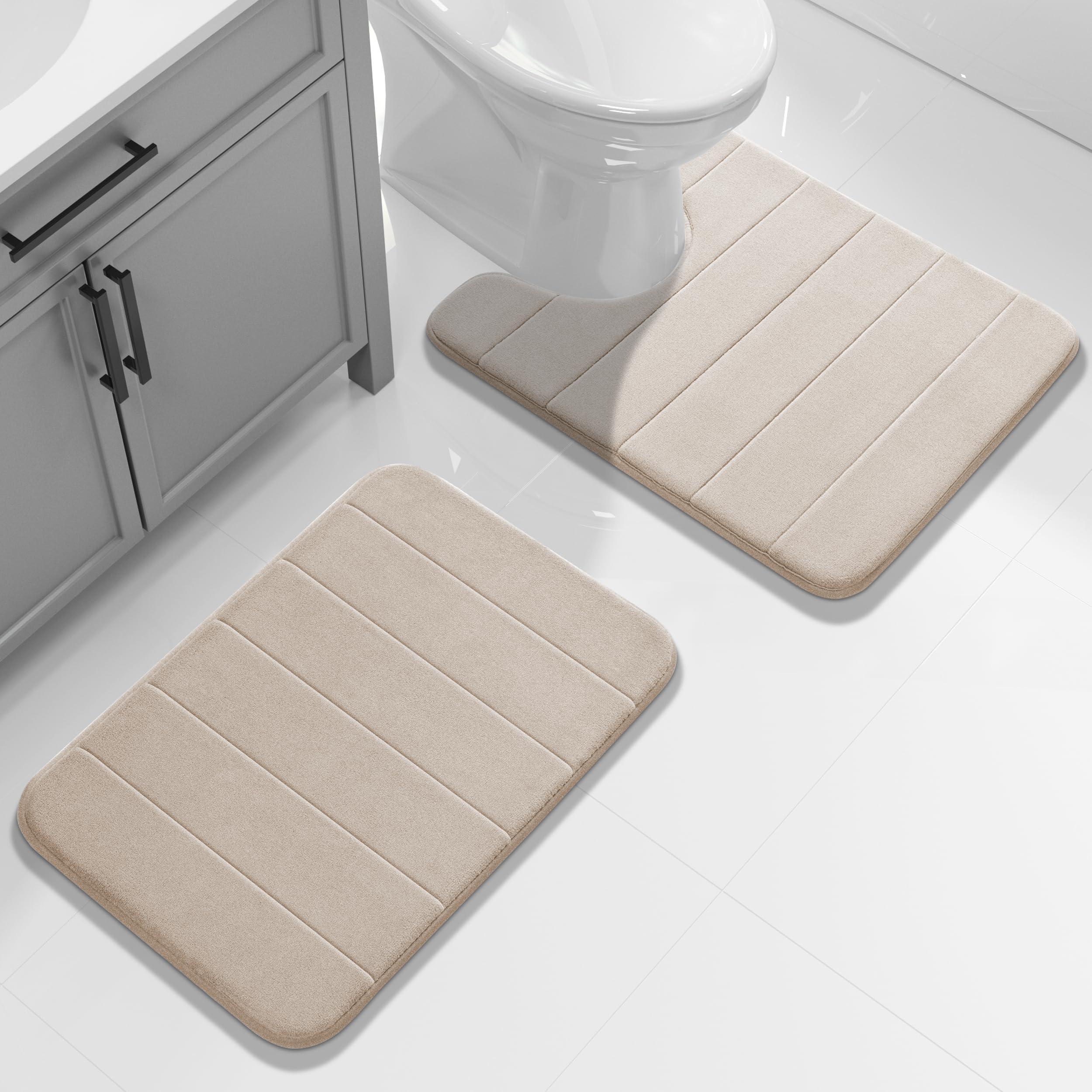 Yimobra U-Shaped Toilet Bath Mat Set 2 Piece - Super Soft Absorbent Quick Dry Memory Foam Bathroom Rugs, Machine Washable Non Slip Floor Carpet for Tub Shower & Single Sink (17x24 & 24x20, Gray)