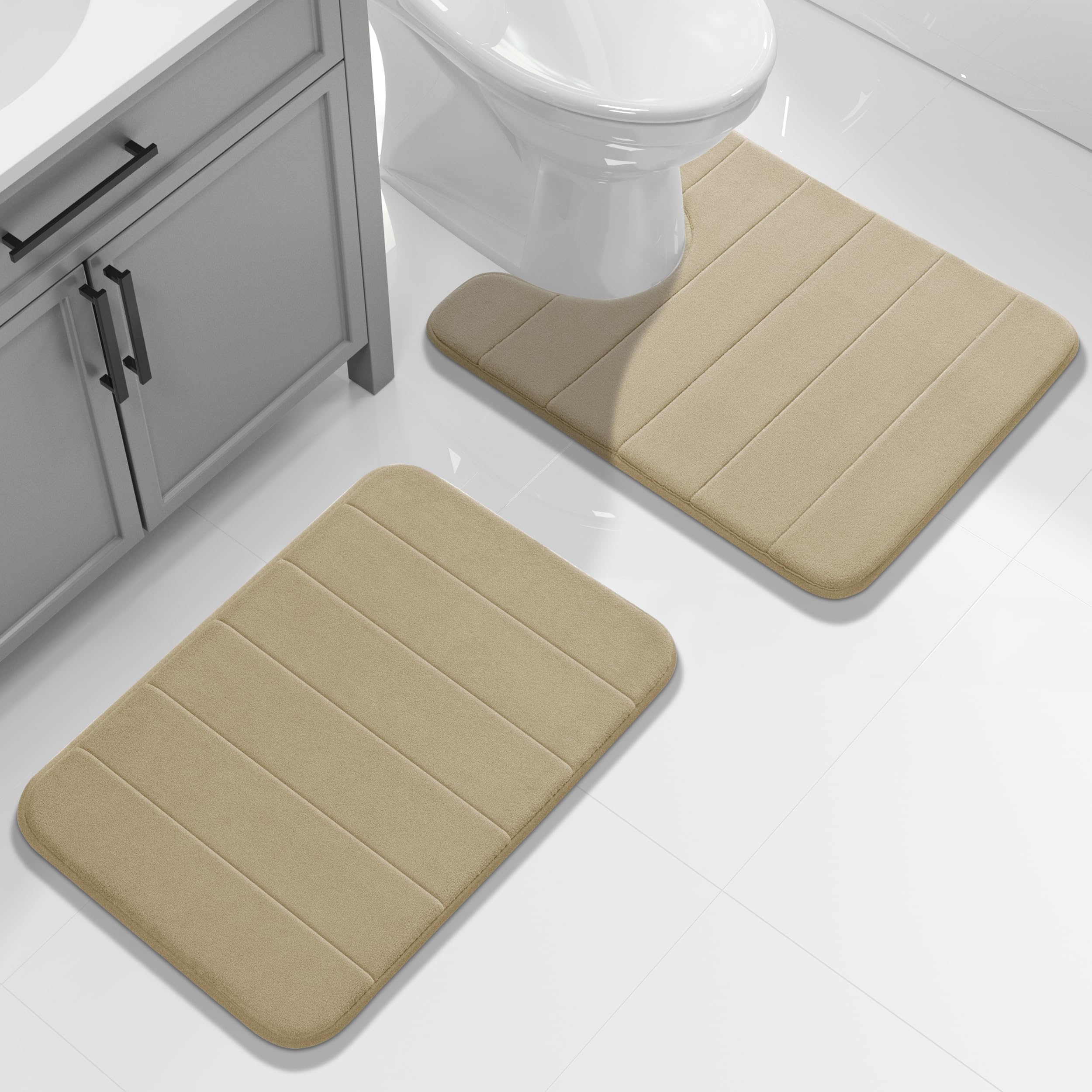 Yimobra U-Shaped Toilet Bath Mat Set 2 Piece - Super Soft Absorbent Quick Dry Memory Foam Bathroom Rugs, Machine Washable Non Slip Floor Carpet for Tub Shower & Single Sink (17x24 & 24x20, Gray)
