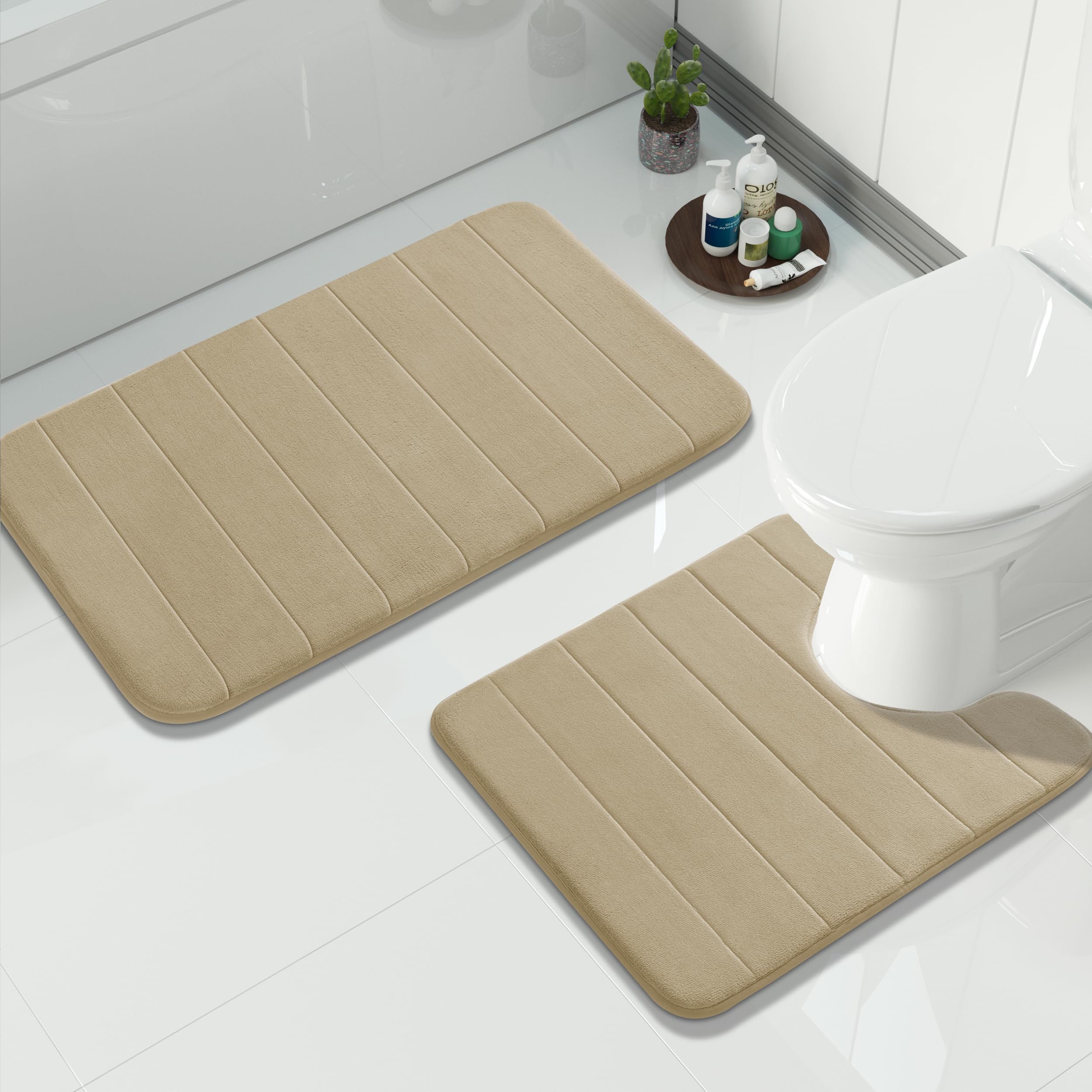 Yimobra U-Shaped Toilet Bath Mat Set 2 Piece - Super Soft Absorbent Quick Dry Memory Foam Bathroom Rugs, Machine Washable Non Slip Floor Carpet for Tub Shower & Single Sink (17x24 & 24x20, Gray)