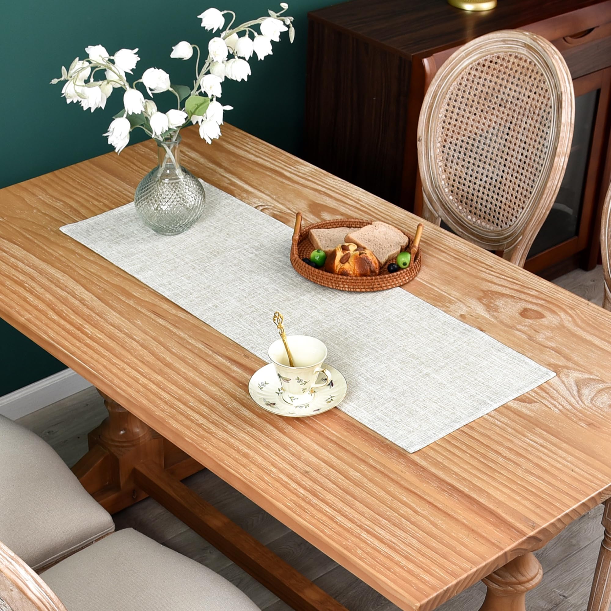 Farmhouse Rustic Faux Linen Table Runner Neutral Beige Table Runners Double Layer Reversible Rectangle Runners for Daily Use Kitchen Dining Banquet Holiday 13x48 Inch