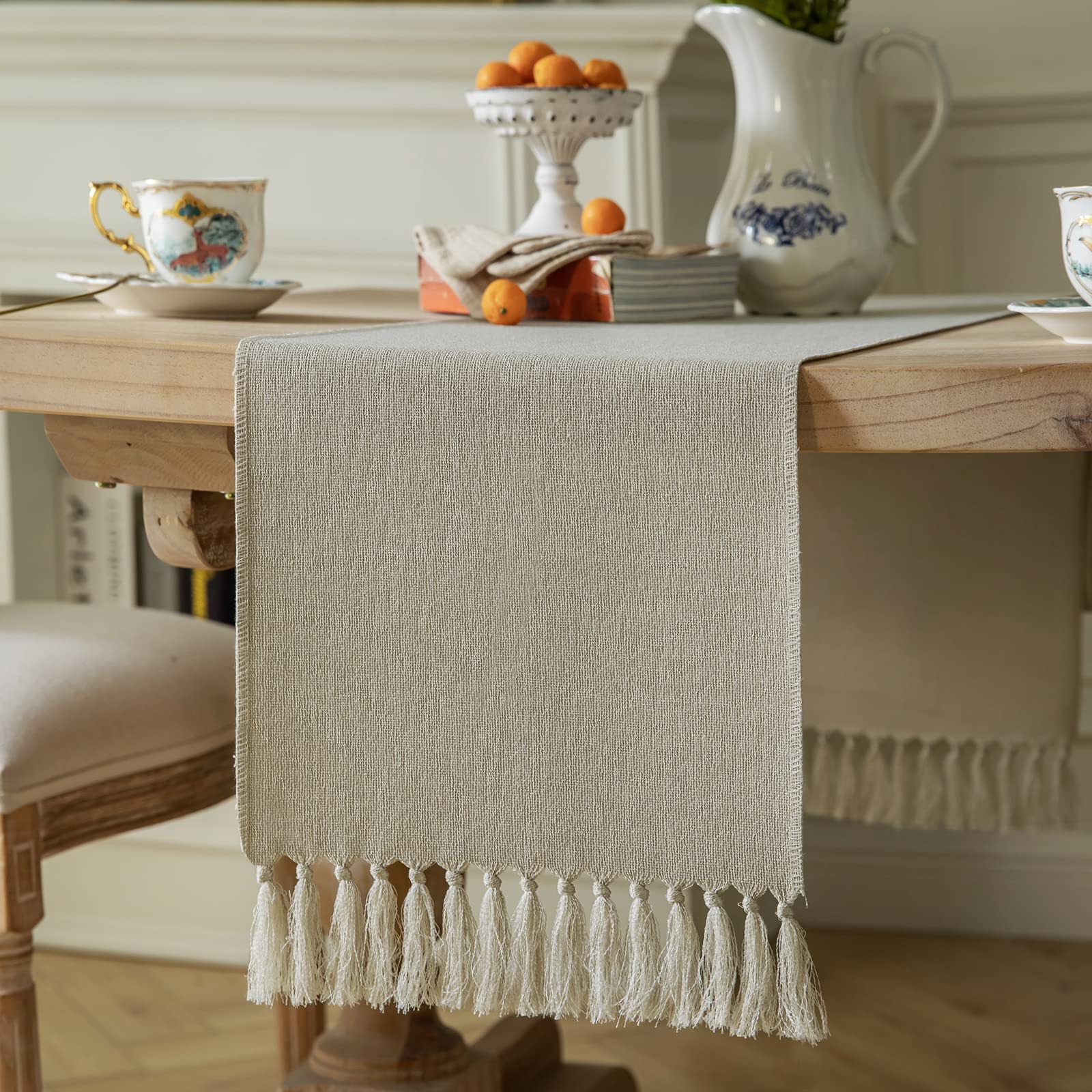 ZeeMart Beige Table Runners 72 Inches Long, Burlap Linen Style Rustic Farmhouse Table Runner, Boho Woven Dining Table Runner, 13x72 Inches, Oatmeal Beige