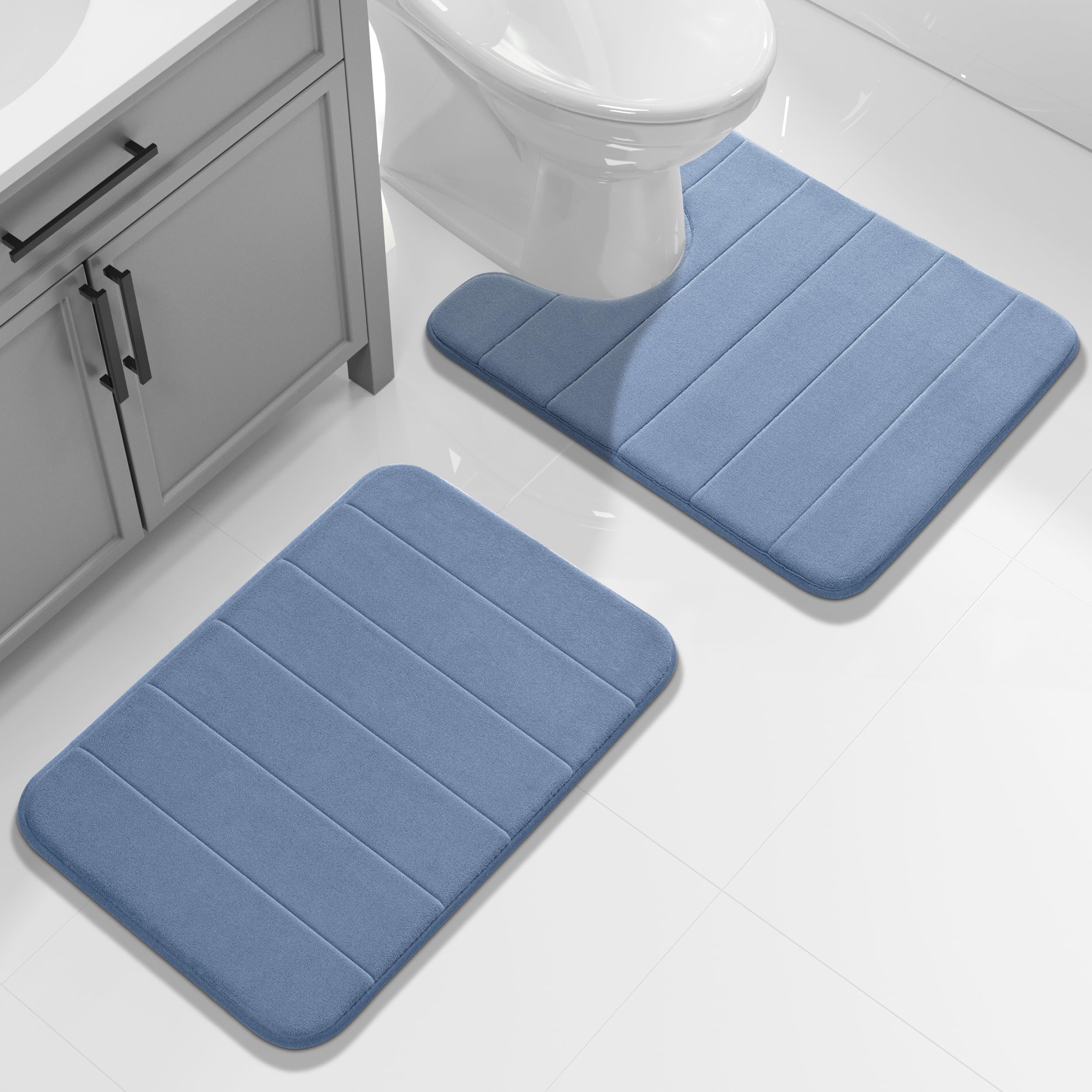 Yimobra U-Shaped Toilet Bath Mat Set 2 Piece - Super Soft Absorbent Quick Dry Memory Foam Bathroom Rugs, Machine Washable Non Slip Floor Carpet for Tub Shower & Single Sink (17x24 & 24x20, Gray)