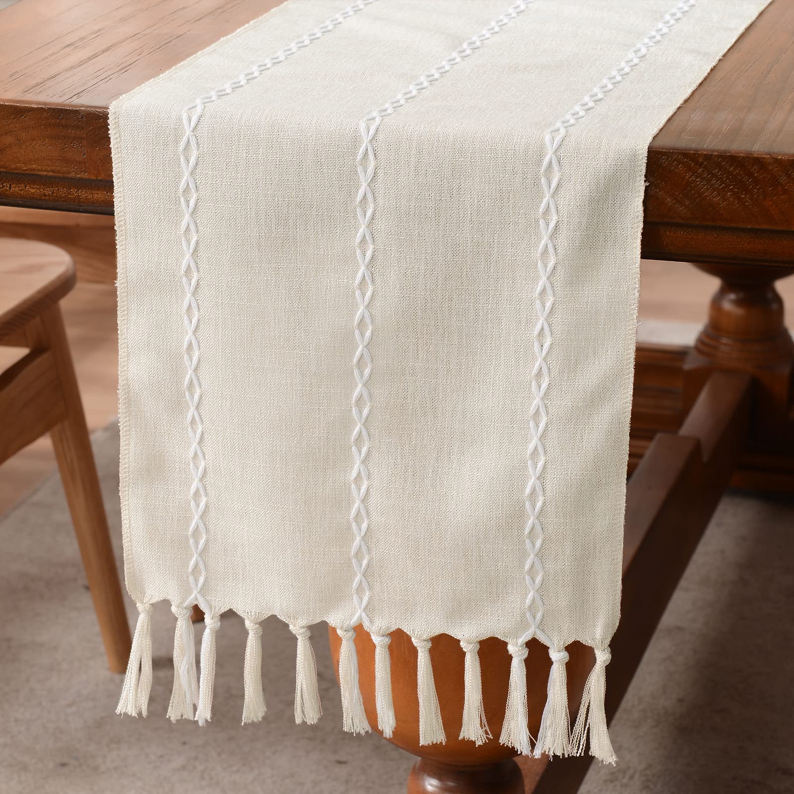 Wracra Rustic Linen Table Runner Farmhouse Style Table Runners 72 inches Long Embroidered Fall Table Runner with Hand-Tassels for Party, Dresser and Dining Room Decorations(Light Coffee, 13"×72")