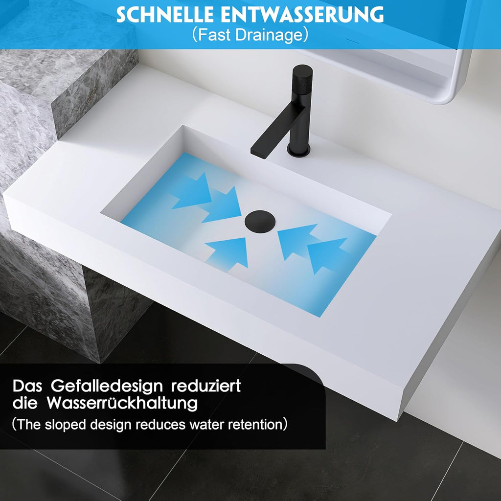 35'' Wall Mount Sink Matte Bathroom Vanity Vessel Sinks Artificial Stone Rectanglee Indoor Outdoors Modern Floating or Countertop Freestanding Wall Hang Sink Bowl (single Holes 35'')