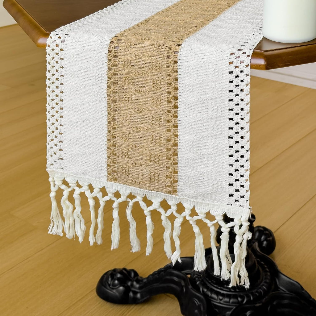 Boho Table Runner for Home Decor with Tassels 120 Inches Long Farmhouse Rustic Cream & Brown Table Runner Macrame Burlap Table Decoration for Living Room Bridal Shower(12x120 in, Fringe Included)