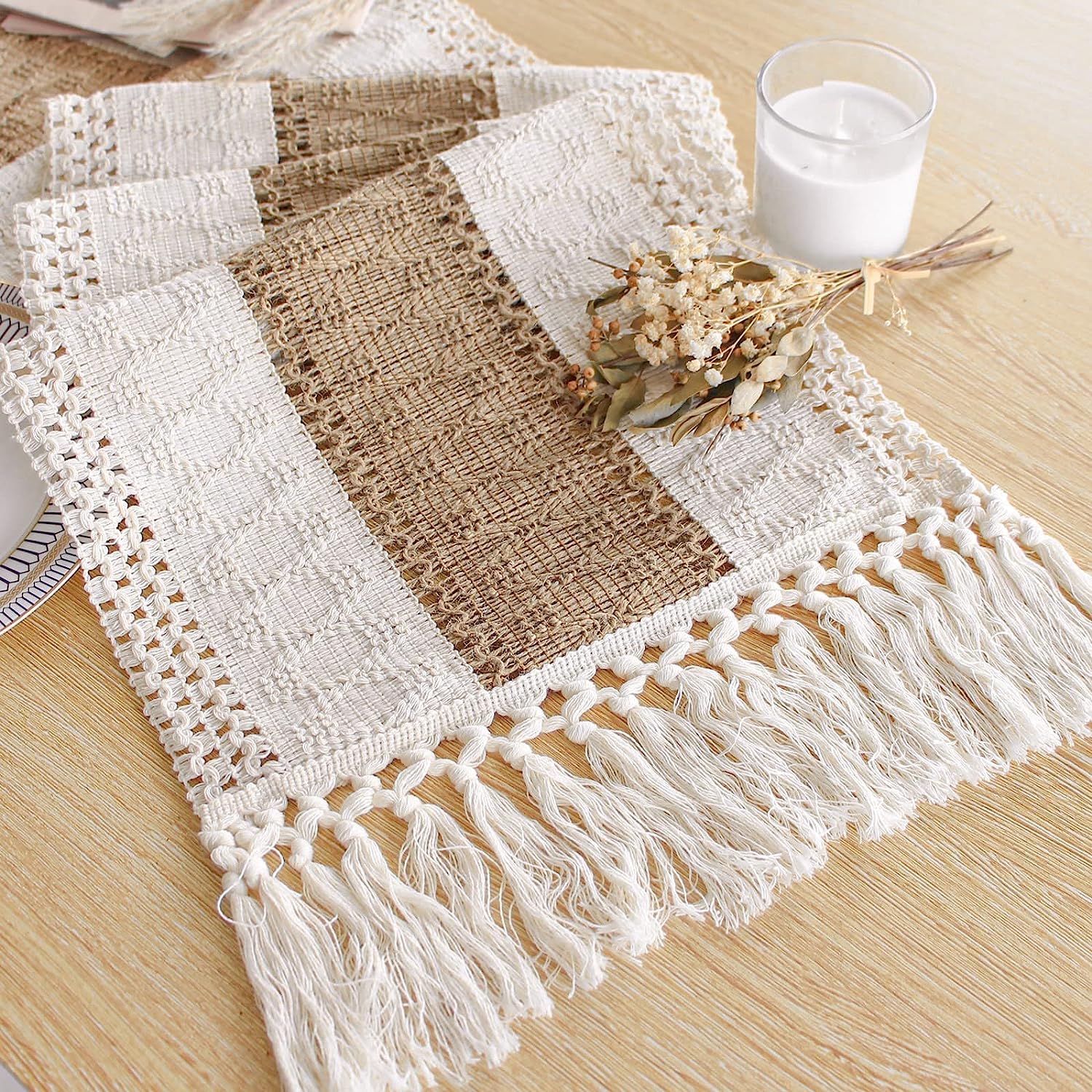 FEXIA Boho Table Runner with Tassels for Summer Home Decor Farmhouse Rustic Burlap Table Decoration for Living Room Dining Room Graduation Decor (12x72 Inches)