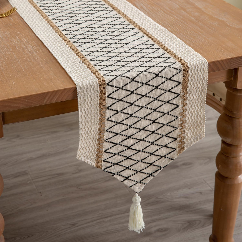 Table Runner, Boho Style with Tassels, Cotton & Linen, Farmhouse Home Decor for Living Room Dresser Scarfs (12x60Inch, Black & Beige)