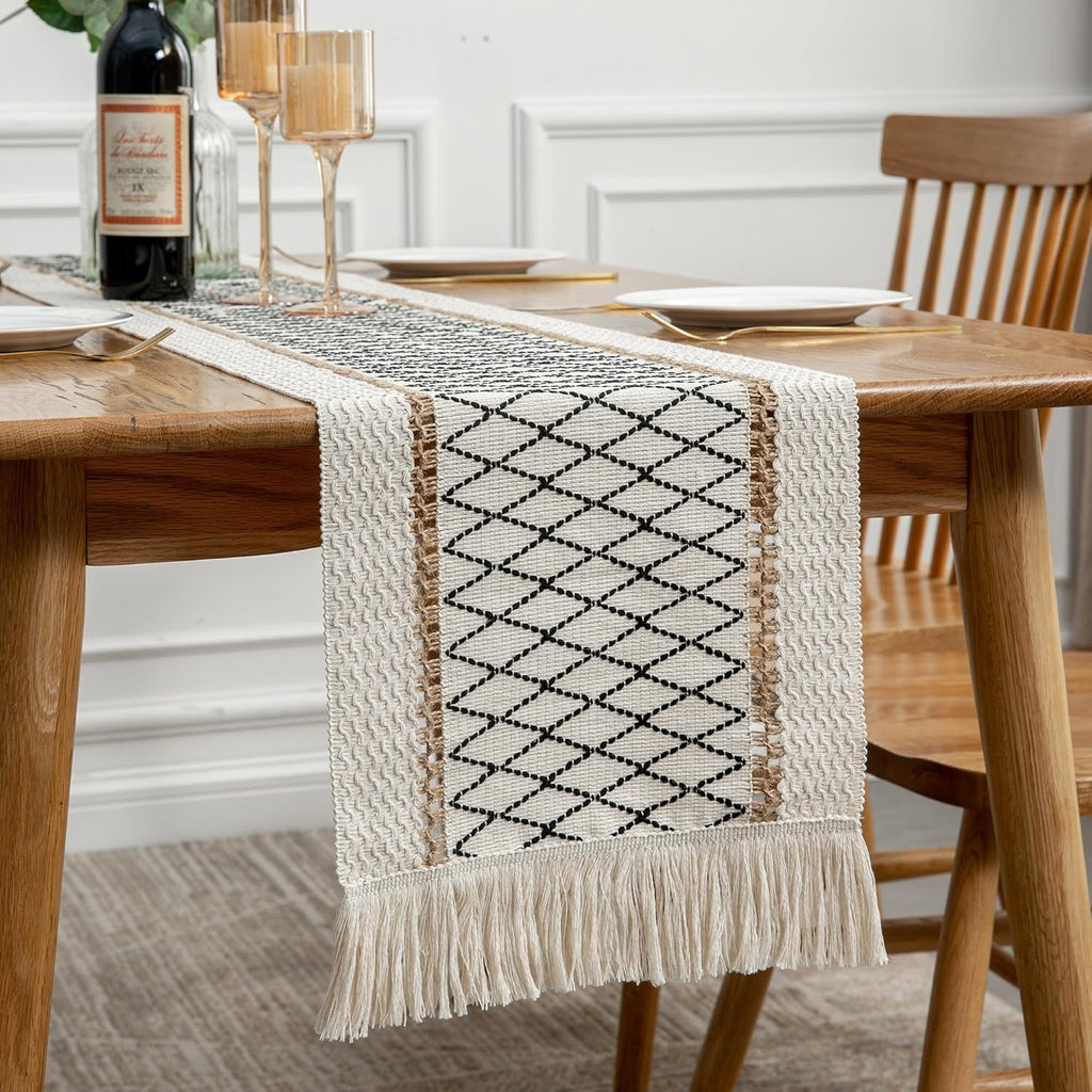 Table Runner, Boho Style with Tassels, Cotton & Linen, Farmhouse Home Decor for Living Room Dresser Scarfs (12x60Inch, Black & Beige)