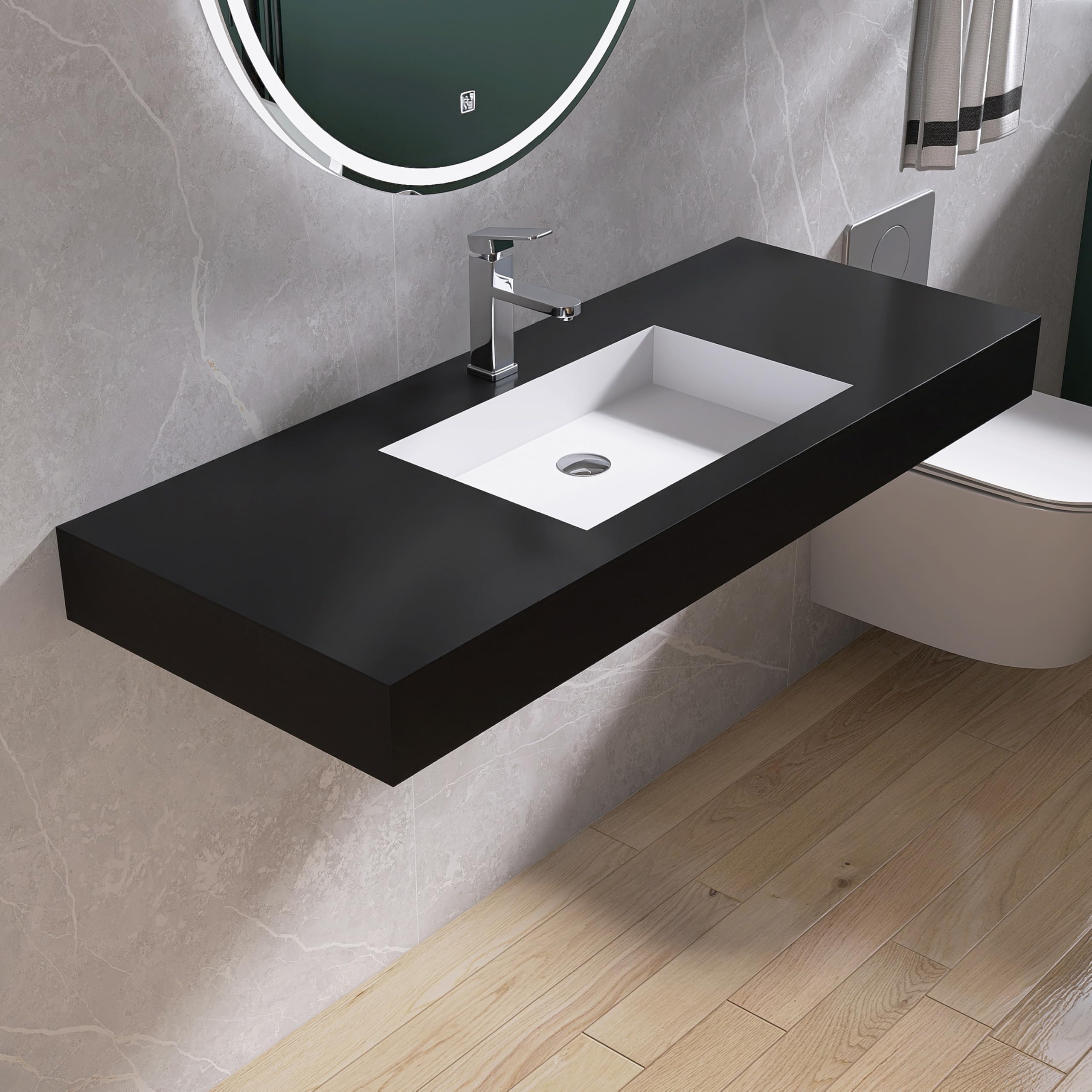 35'' Wall Mount Sink Matte Bathroom Vanity Vessel Sinks Artificial Stone Rectanglee Indoor Outdoors Modern Floating or Countertop Freestanding Wall Hang Sink Bowl (single Holes 35'')