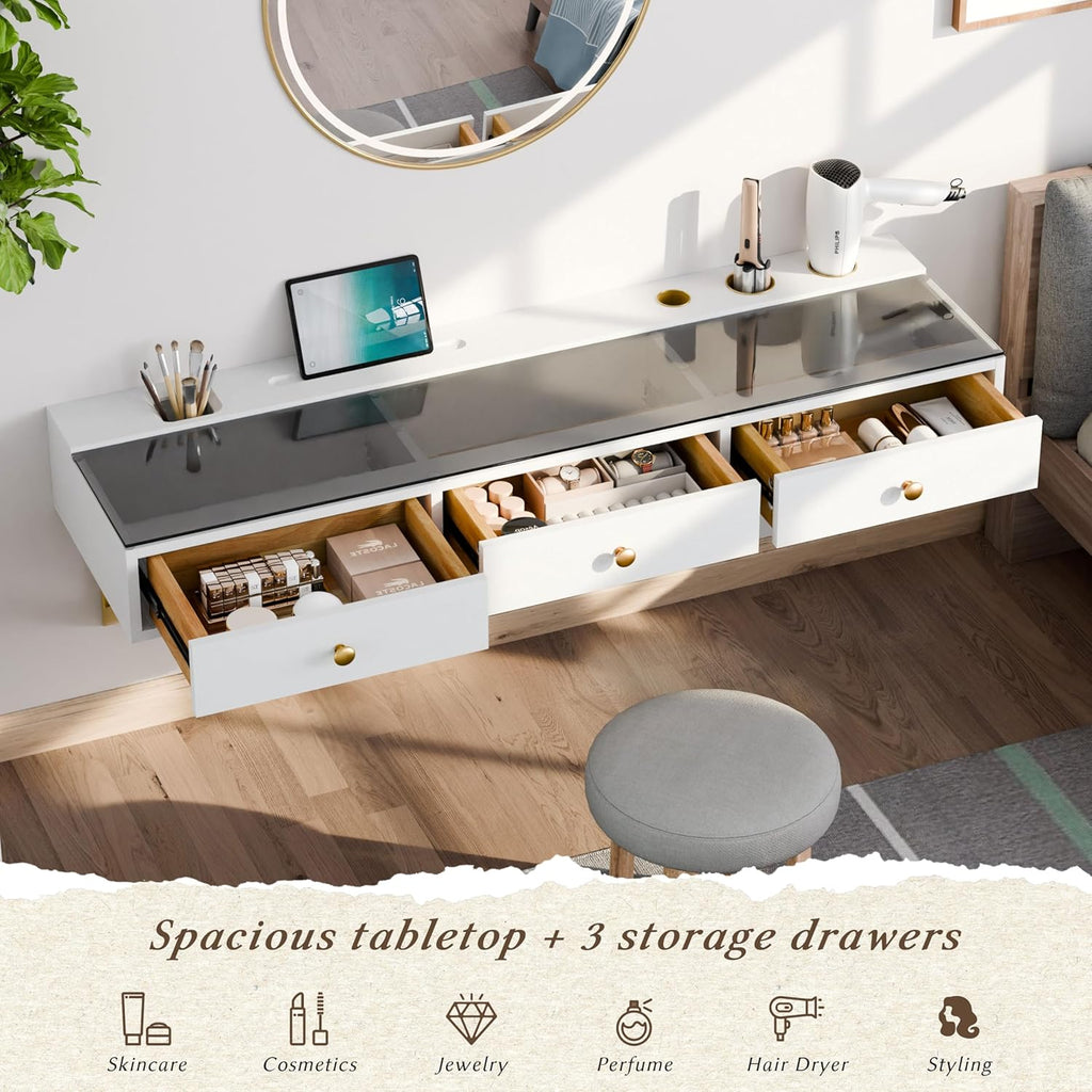 IEO 47" Floating Vanity Makeup Table,Wall Mounted Desk with 3 Drawers Storage,Hanging Floating Small Space Vanity Table for Bedroom, Dressing Room,Warm White