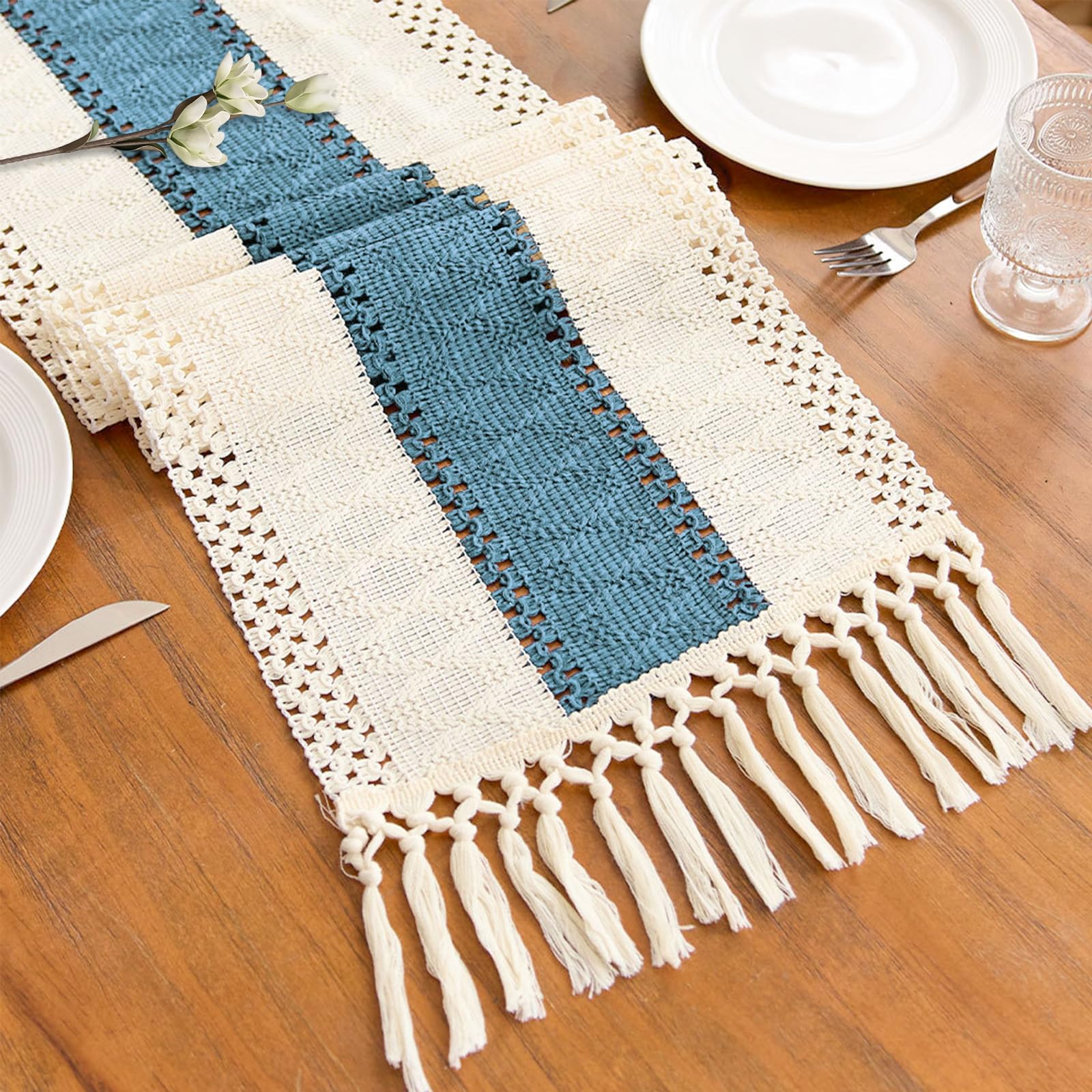 Boho Table Runner for Home Decor with Tassels 120 Inches Long Farmhouse Rustic Cream & Brown Table Runner Macrame Burlap Table Decoration for Living Room Bridal Shower(12x120 in, Fringe Included)