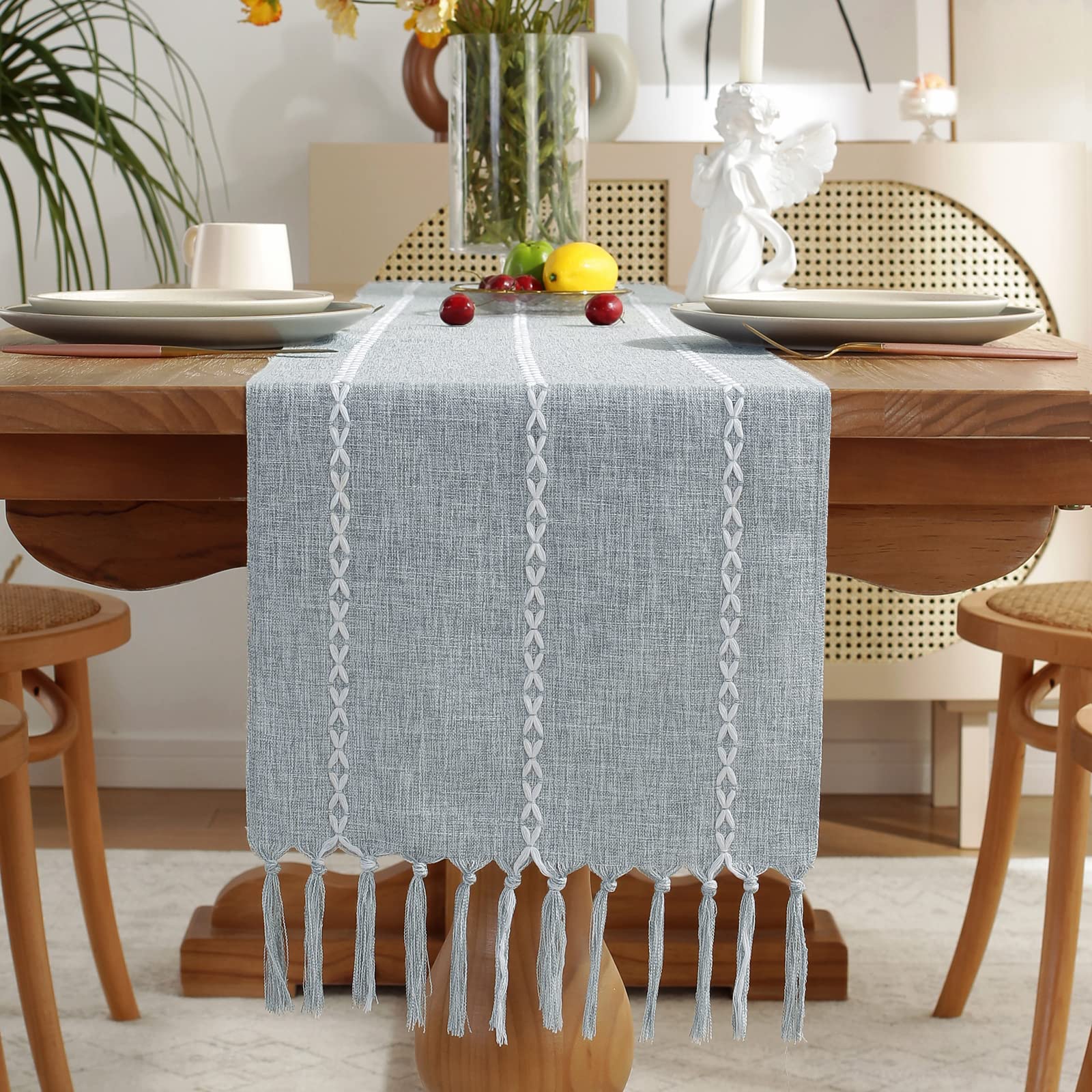 Wracra Rustic Linen Table Runner Farmhouse Style Table Runners 72 inches Long Embroidered Fall Table Runner with Hand-Tassels for Party, Dresser and Dining Room Decorations(Light Coffee, 13"×72")