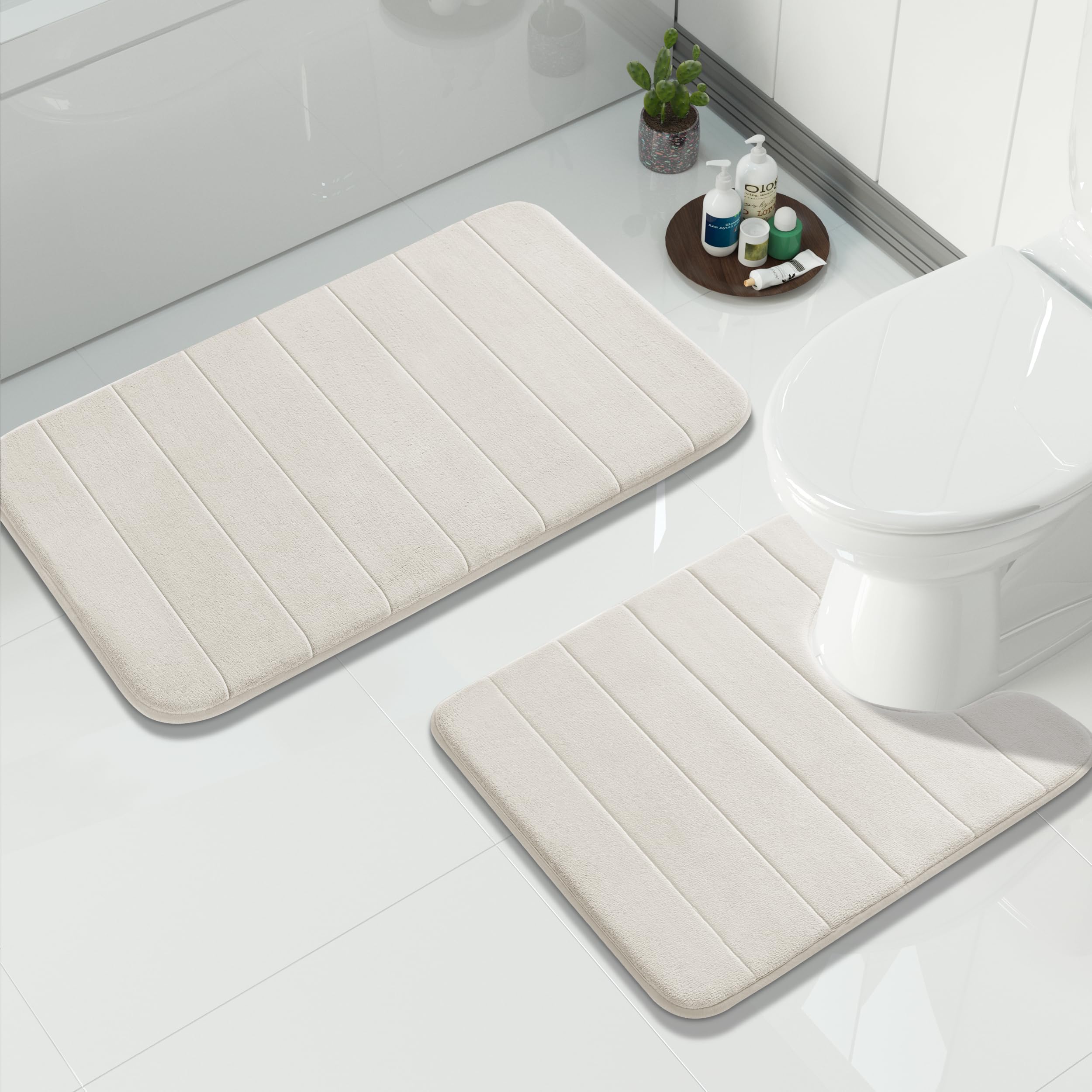 Yimobra U-Shaped Toilet Bath Mat Set 2 Piece - Super Soft Absorbent Quick Dry Memory Foam Bathroom Rugs, Machine Washable Non Slip Floor Carpet for Tub Shower & Single Sink (17x24 & 24x20, Gray)