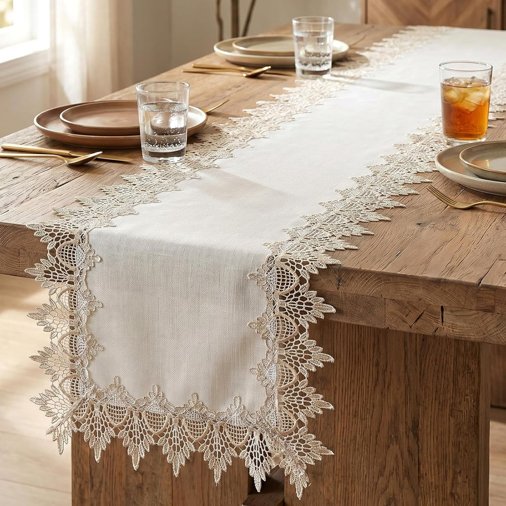 Natural Linen Table Runner, 36 inches Neutral Earth Tones Beige Lace Coffee Doily Tables Runner Dresser Scarf, Table Runners for Easter Summer Bedroom, Kitchen, Dining, Wedding Party Place Mats