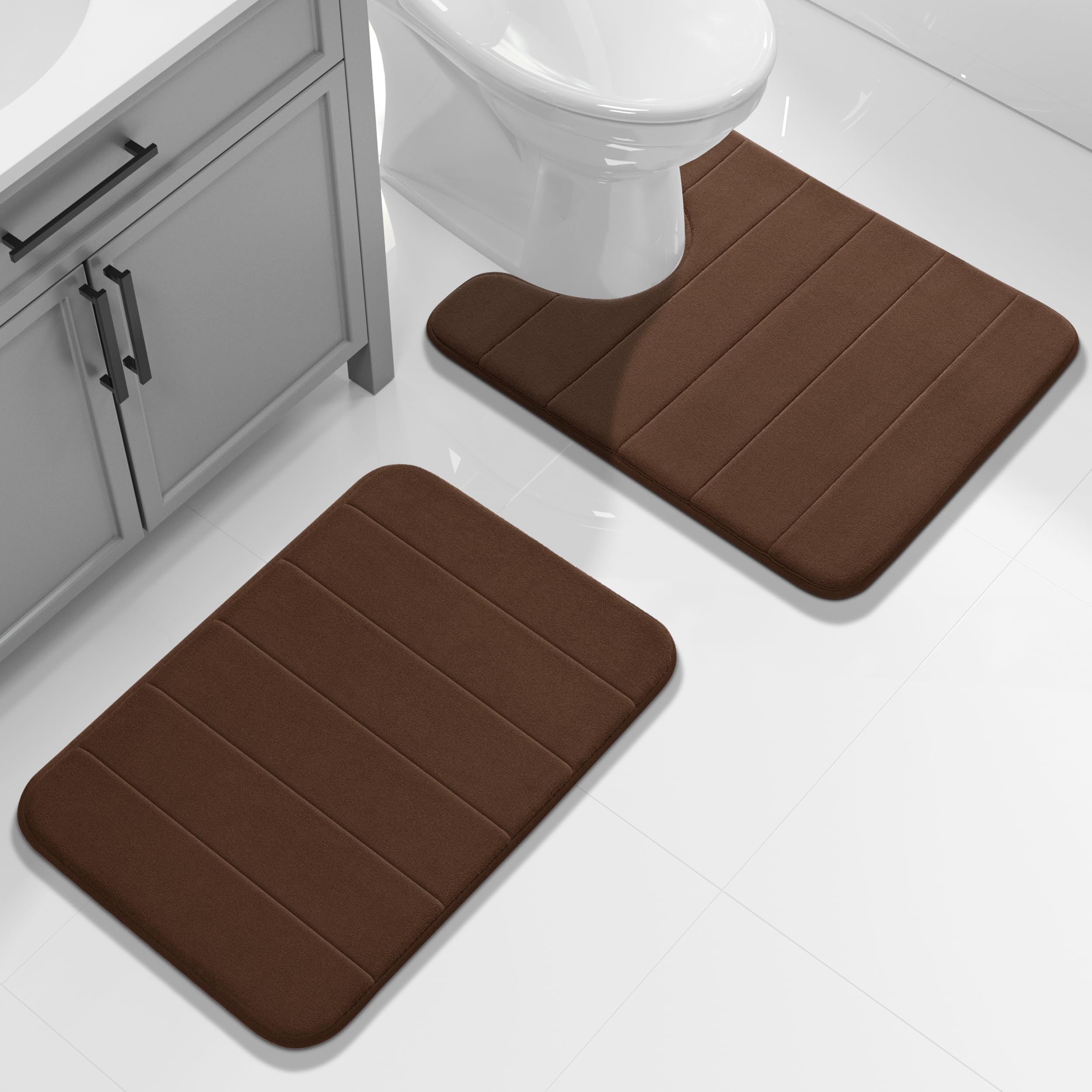 Yimobra U-Shaped Toilet Bath Mat Set 2 Piece - Super Soft Absorbent Quick Dry Memory Foam Bathroom Rugs, Machine Washable Non Slip Floor Carpet for Tub Shower & Single Sink (17x24 & 24x20, Gray)