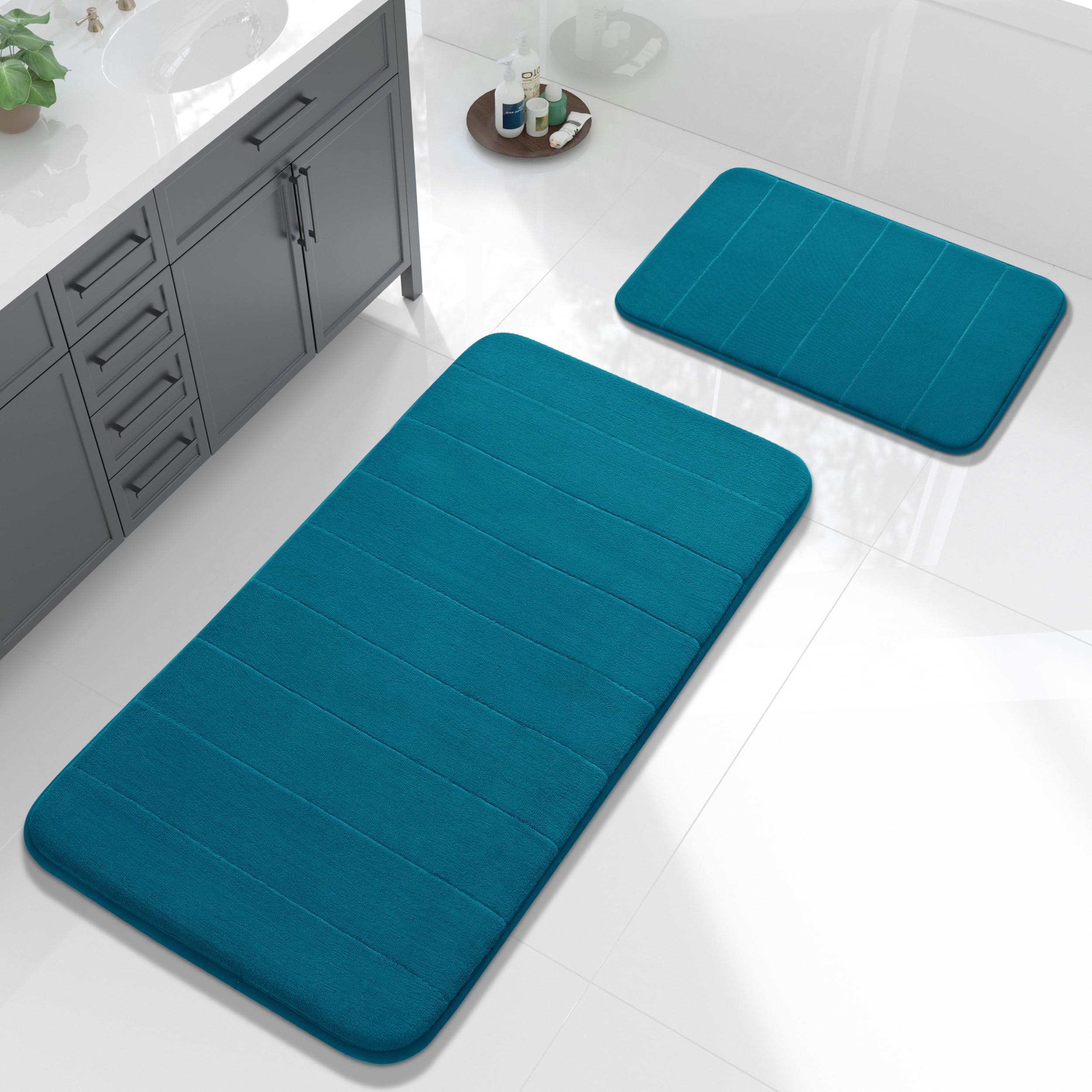 Yimobra U-Shaped Toilet Bath Mat Set 2 Piece - Super Soft Absorbent Quick Dry Memory Foam Bathroom Rugs, Machine Washable Non Slip Floor Carpet for Tub Shower & Single Sink (17x24 & 24x20, Gray)