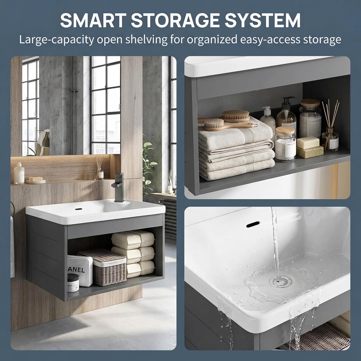 Wall-Mounted Floating Gray 18-inch Open Bathroom Vanity with Ceramic Basin Compact mini Sink Unit