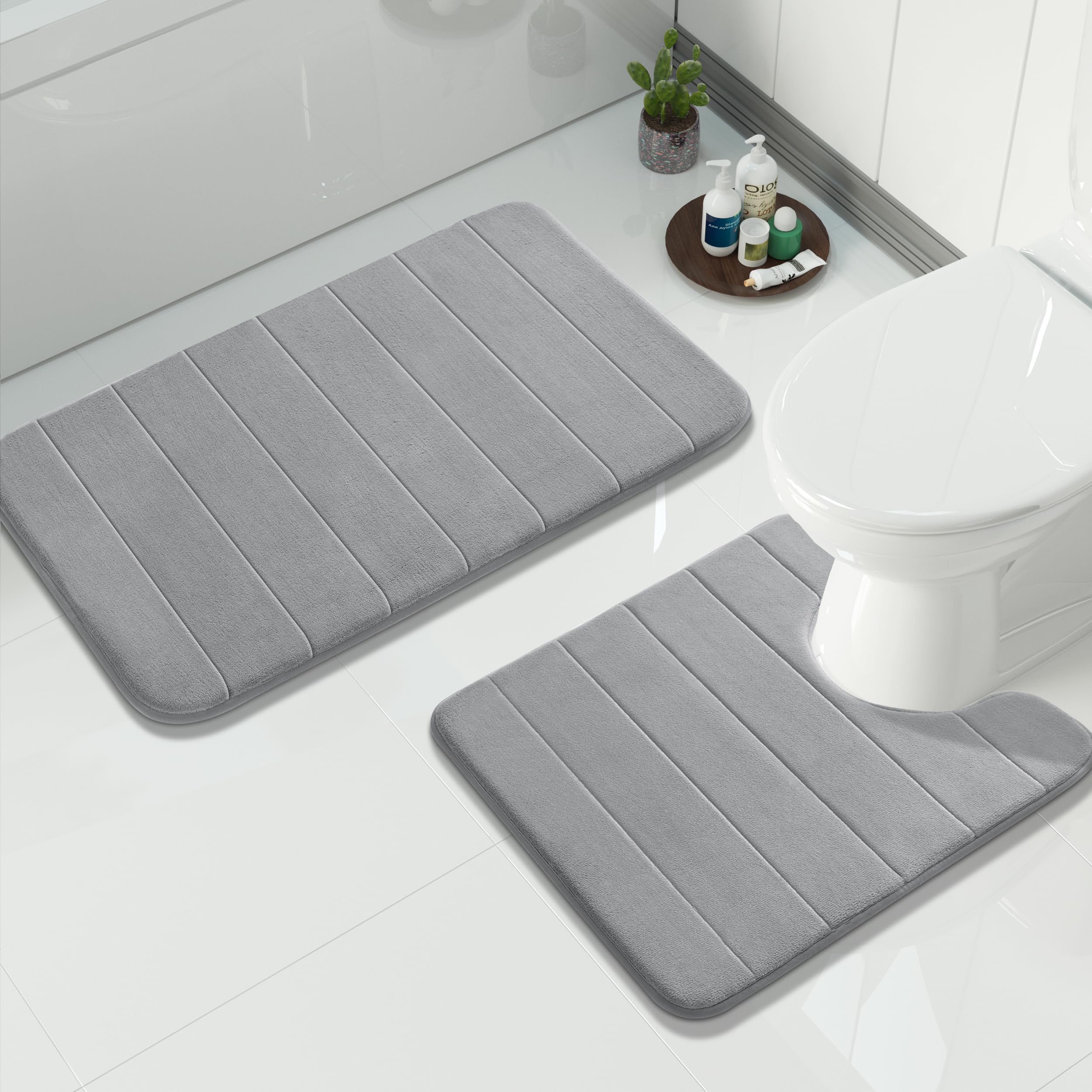 Yimobra U-Shaped Toilet Bath Mat Set 2 Piece - Super Soft Absorbent Quick Dry Memory Foam Bathroom Rugs, Machine Washable Non Slip Floor Carpet for Tub Shower & Single Sink (17x24 & 24x20, Gray)