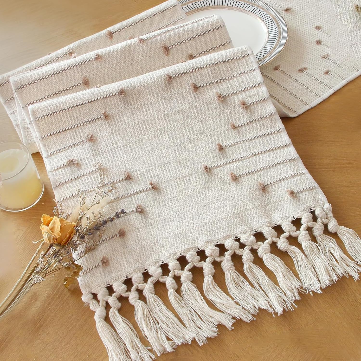 FEXIA Boho Table Runner with Tassels for Summer Home Decor Farmhouse Rustic Burlap Table Decoration for Living Room Dining Room Graduation Decor (12x72 Inches)
