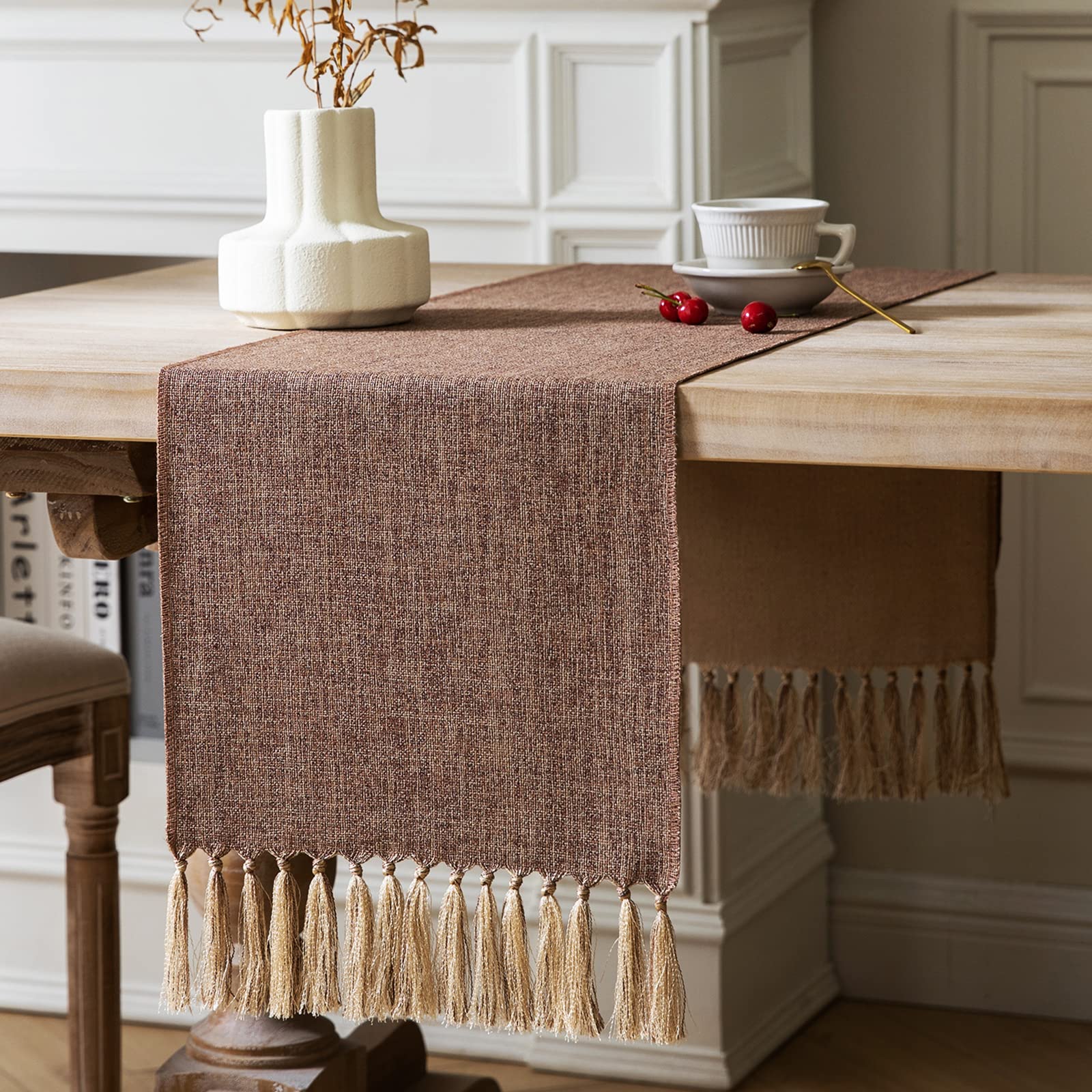 ZeeMart Beige Table Runners 72 Inches Long, Burlap Linen Style Rustic Farmhouse Table Runner, Boho Woven Dining Table Runner, 13x72 Inches, Oatmeal Beige
