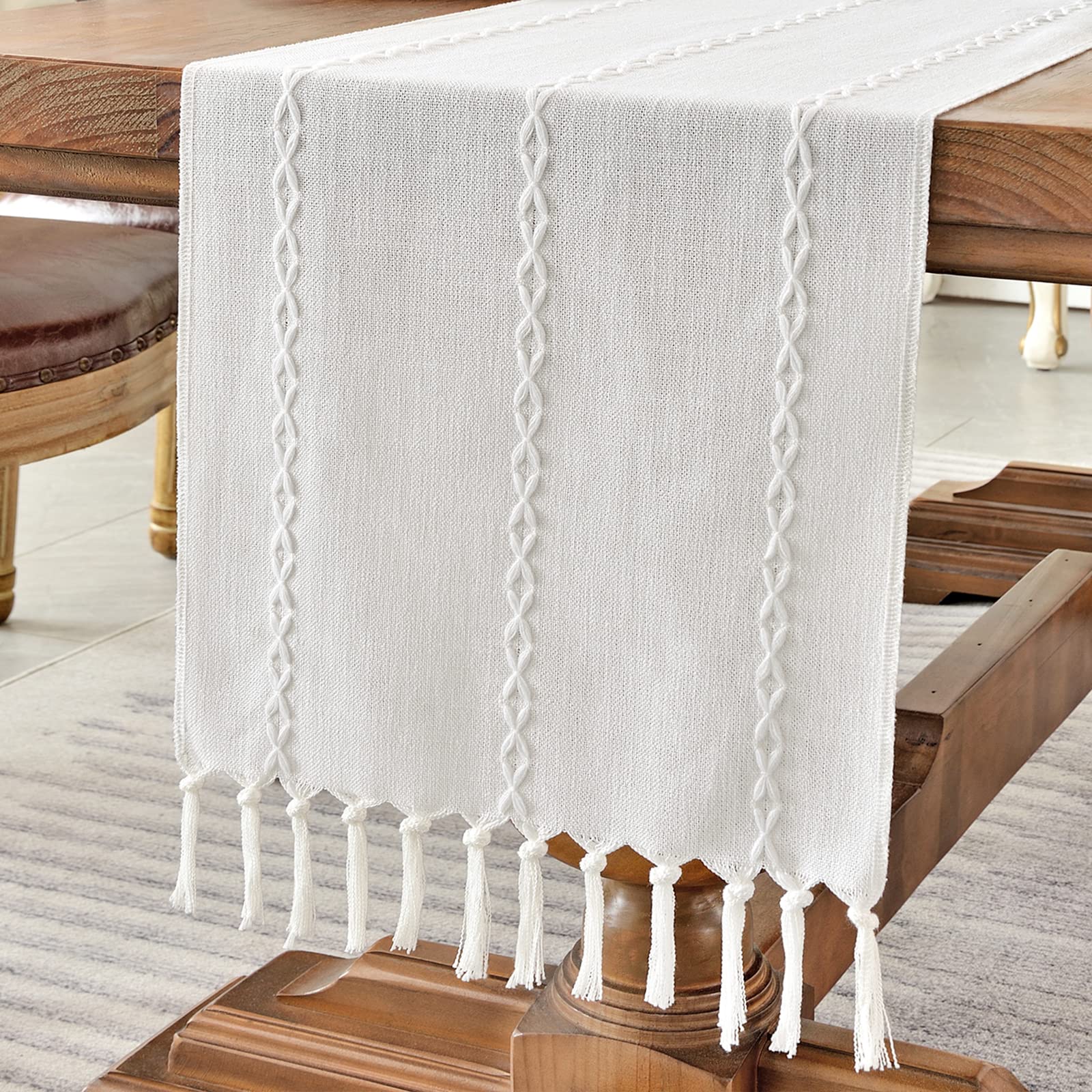 Wracra Rustic Linen Table Runner Farmhouse Style Table Runners 72 inches Long Embroidered Fall Table Runner with Hand-Tassels for Party, Dresser and Dining Room Decorations(Light Coffee, 13"×72")