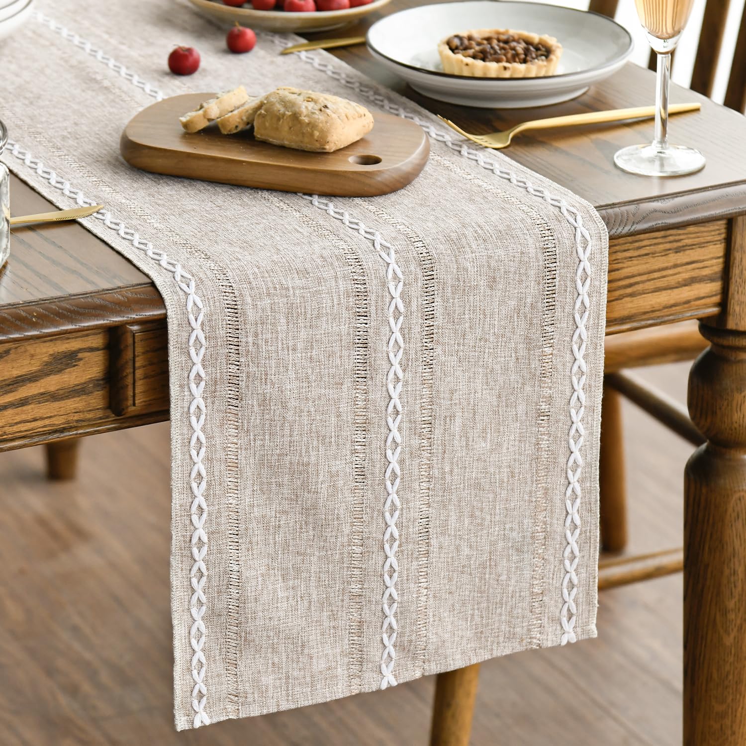 Artoid Mode Beige Rustic Cotton Linen Table Runner, Seasonal Embroidered Hollow Kitchen Dining Table Decoration for Home Party Decor 13x60 Inch
